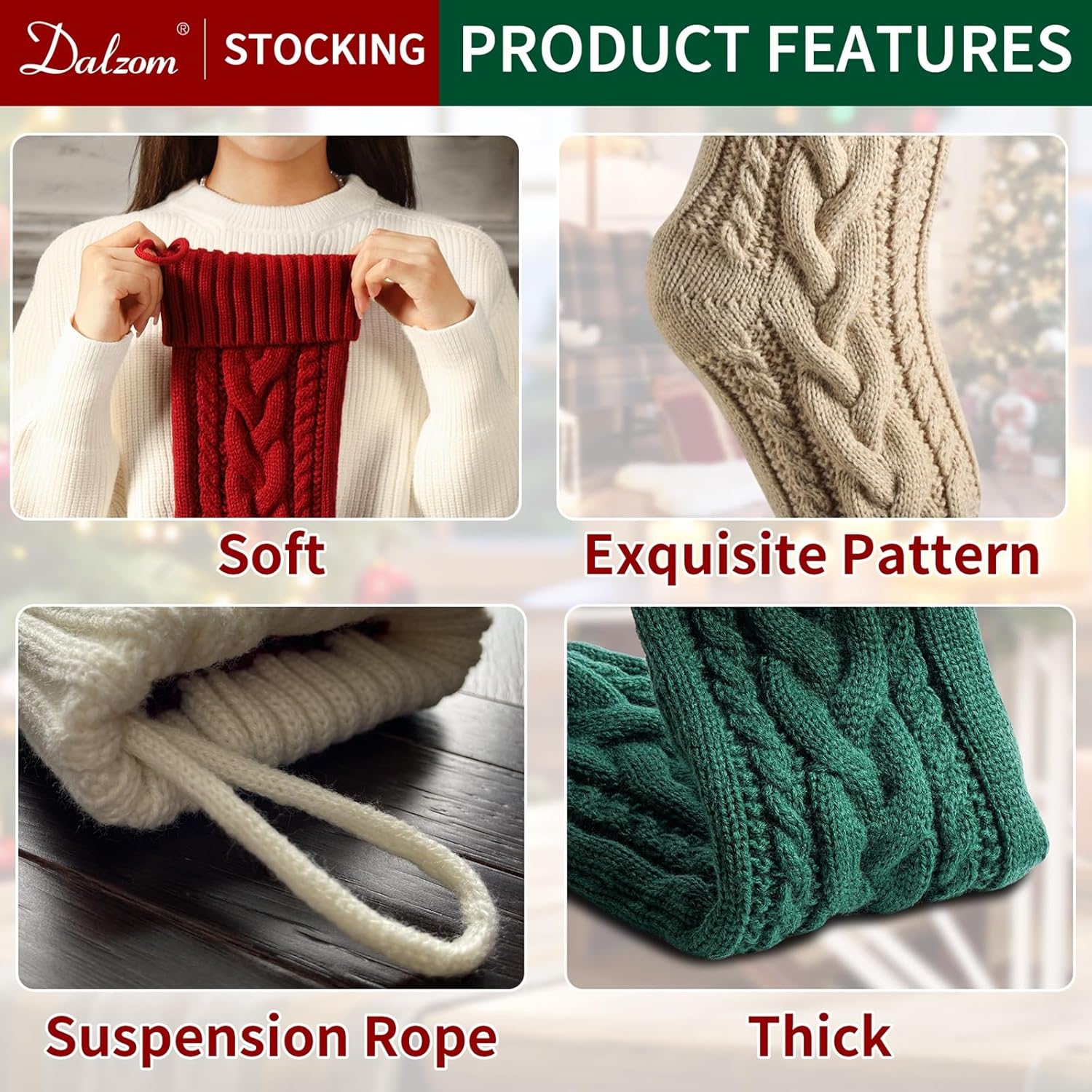 Dalzom® 4Pcs Personalized Christmas Stockings with Leather Patches Custom Name, 18” Premium Large Knitted Christmas Stockings for Kids, Family, Holiday and Fireplace Party Decoration