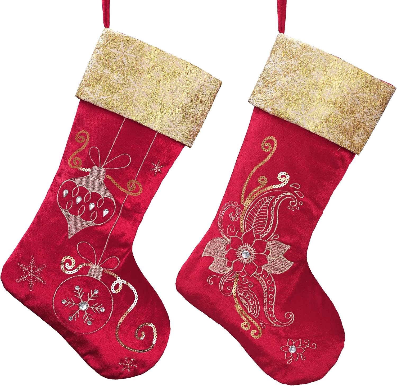 Valery Madelyn 21 Inches Christmas Stockings Decorations, 2 Pack White and Gold Stockings Embroidered in Gold Thread, Elegant Stocking Christmas with Name Tag for Fireplace Decor