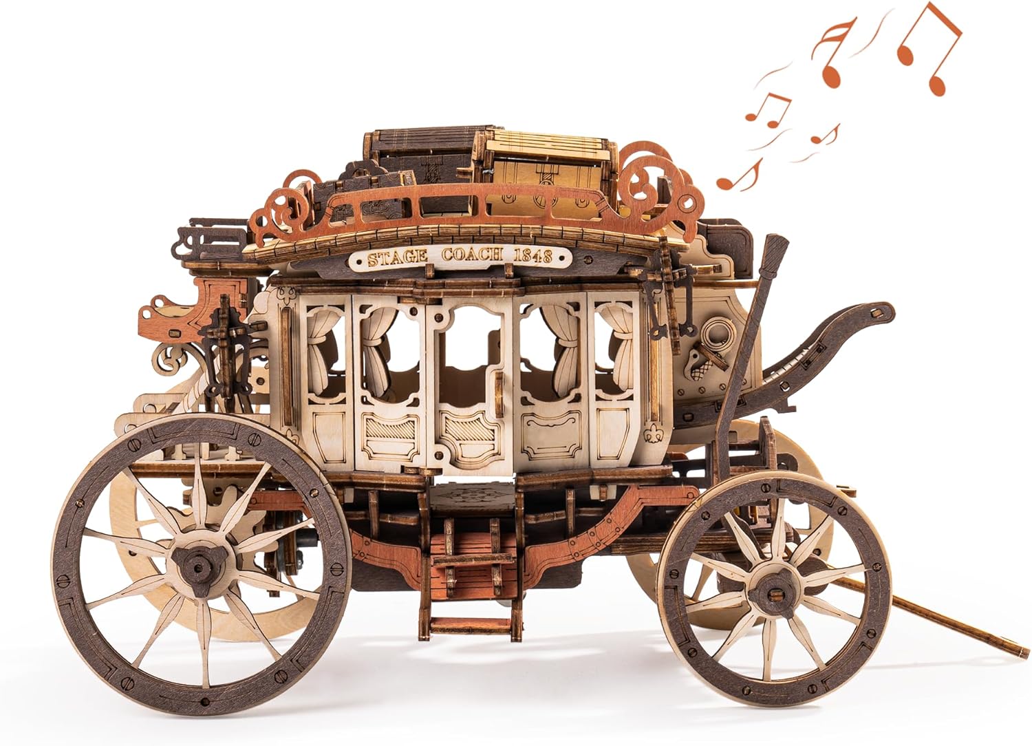 ROBOTIME Stagecoach Wooden Music Box Puzzle AMKA1, Valentines Day Gift 3D Wooden Puzzles for Adults, Mechanical 3D Model to Build, Birthday Anniversary Day Gift Hobby STEM Kits