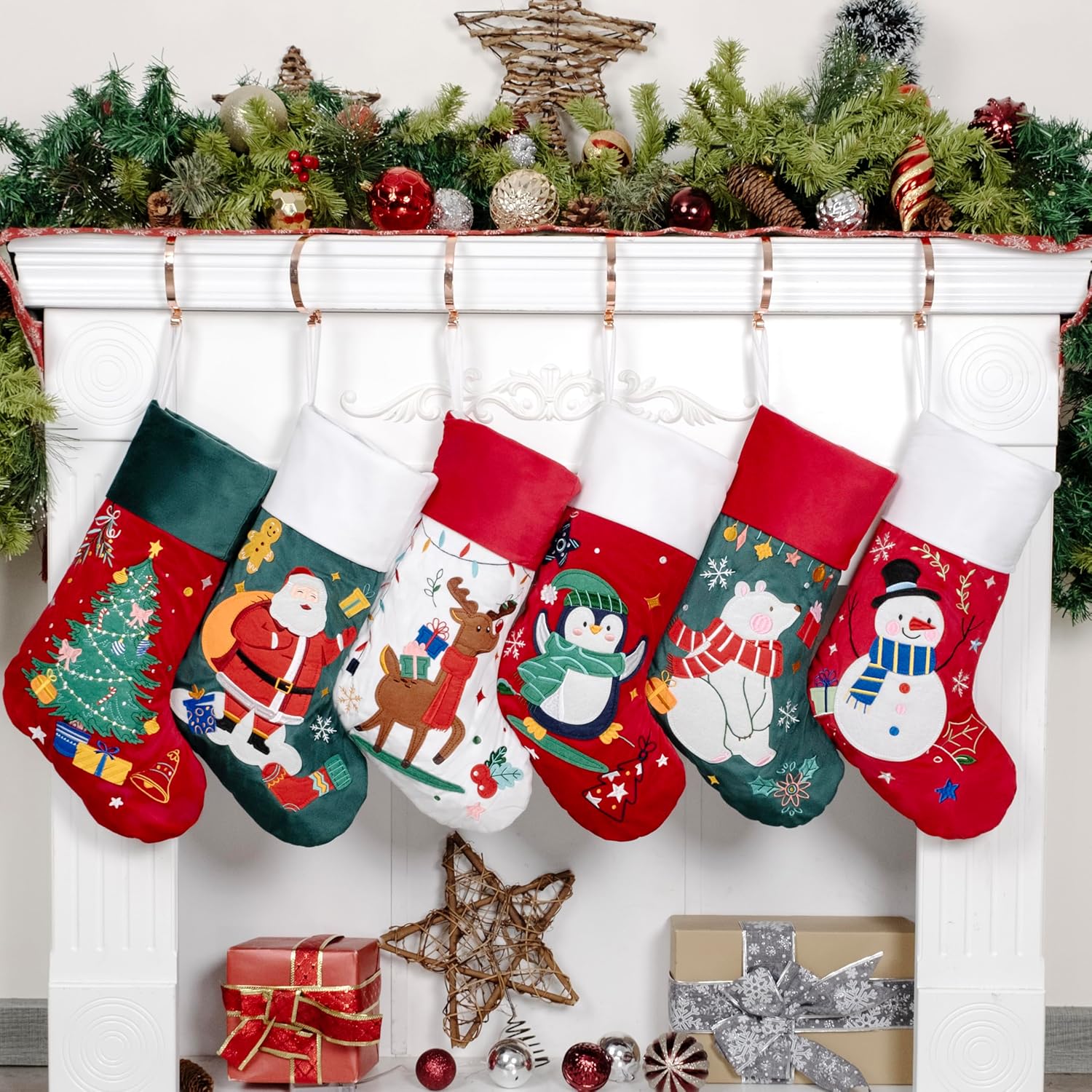 BHD BEAUTY Set of 6 Christmas Stockings Gray Burlap Buffalo Red Plaid Soft Faux Fur 20 Inches Lovely Embroidery Pattern for Family Decorations Hanging Ornament for Xmas Holiday Party