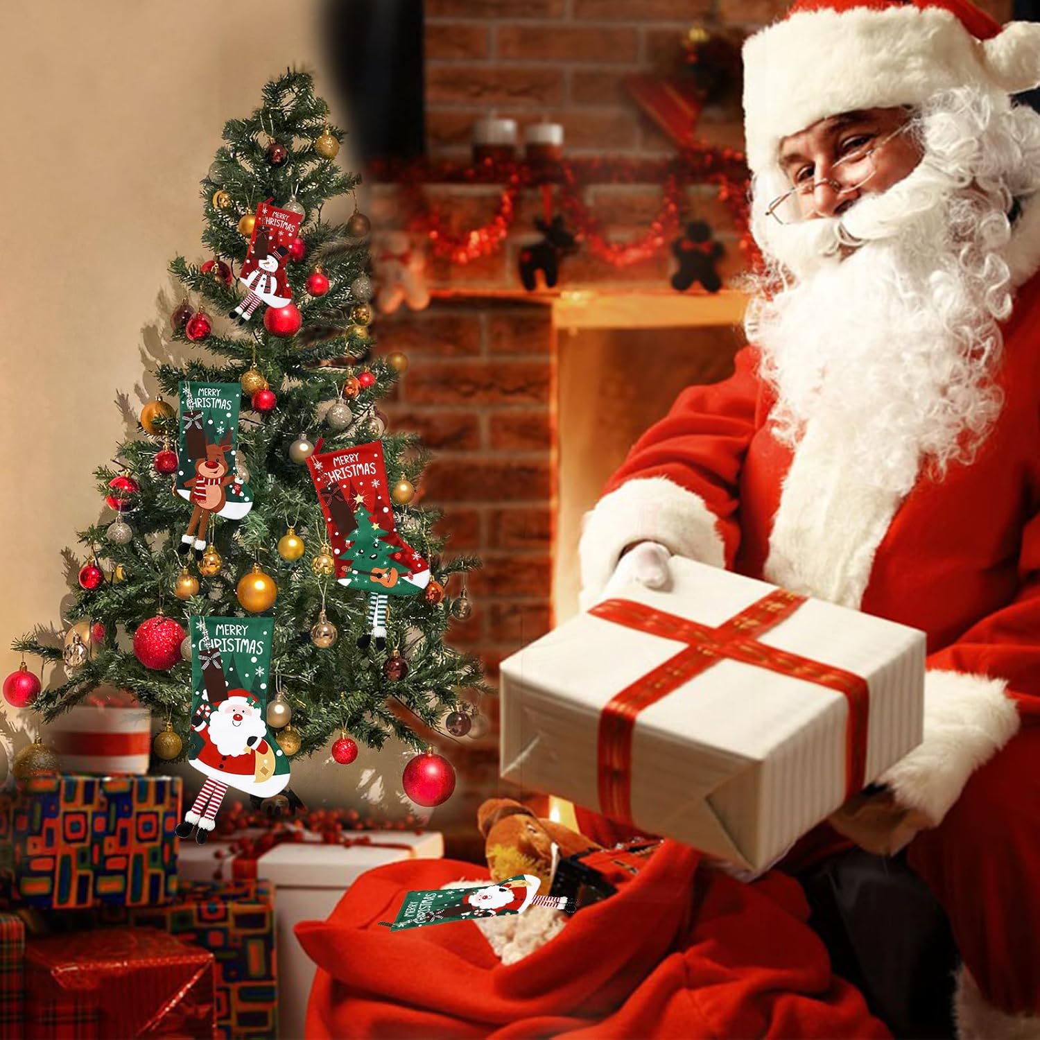 is Tycons 2023 New 4 Pack Christmas Stockings with Name Tags,18 Large Personalized Christmas Stocking Deer Santa Non-Woven Xmas Stocking,Fireplace Hanging Stockings Boots for Holiday Christmas Decor