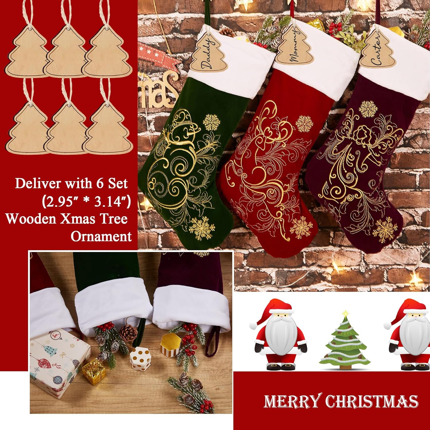 Flycalf Velvet Christmas Stockings 6 Pack Large 20 Inches with Hanging Loop Embroidery Classic Luxury Family Ornament Fireplace Hanging Stockings for Christmas Decorations