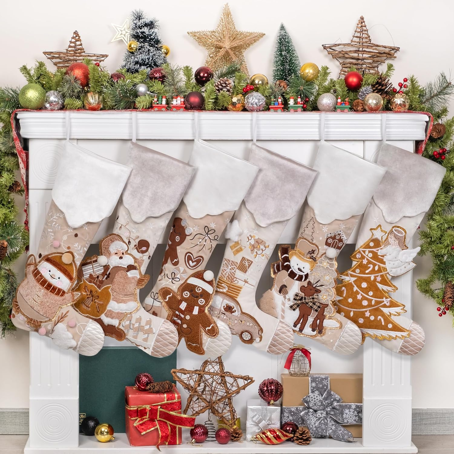 BHD BEAUTY Set of 6 Christmas Stockings Gray Burlap Buffalo Red Plaid Soft Faux Fur 20 Inches Lovely Embroidery Pattern for Family Decorations Hanging Ornament for Xmas Holiday Party