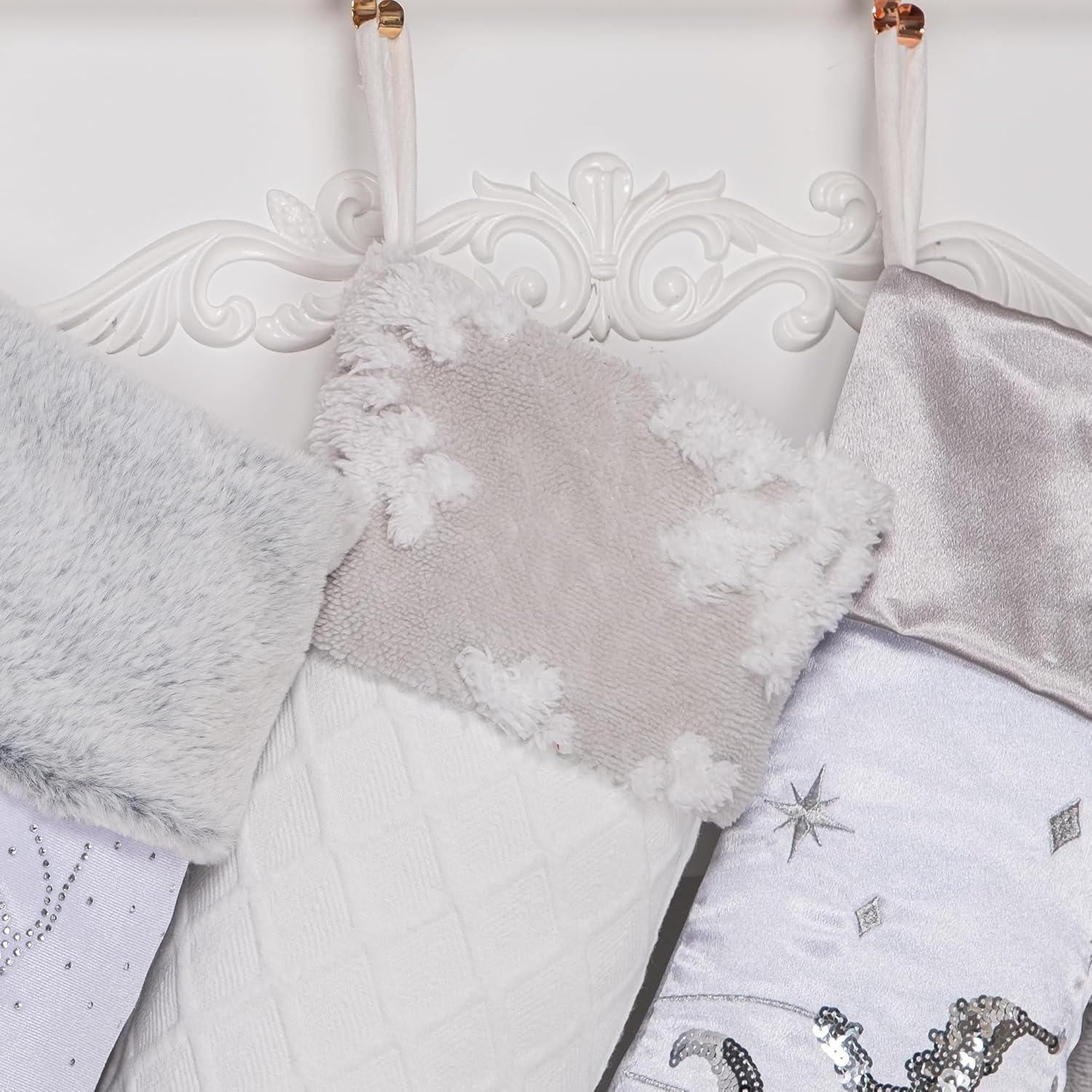 BHD BEAUTY Set of 6 Christmas Stockings Gray Burlap Buffalo Red Plaid Soft Faux Fur 20 Inches Lovely Embroidery Pattern for Family Decorations Hanging Ornament for Xmas Holiday Party