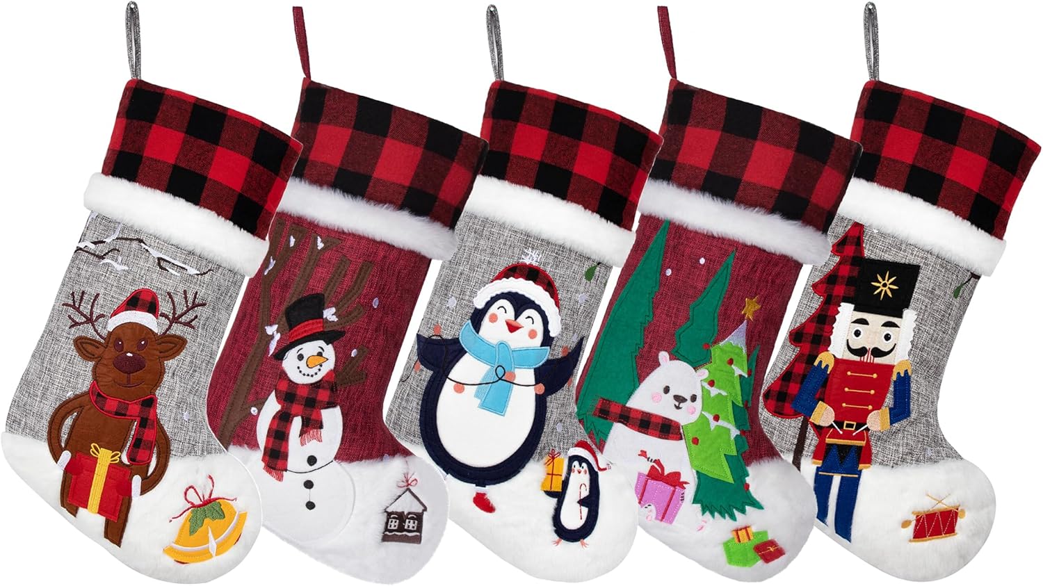 BHD BEAUTY Set of 6 Christmas Stockings Gray Burlap Buffalo Red Plaid Soft Faux Fur 20 Inches Lovely Embroidery Pattern for Family Decorations Hanging Ornament for Xmas Holiday Party