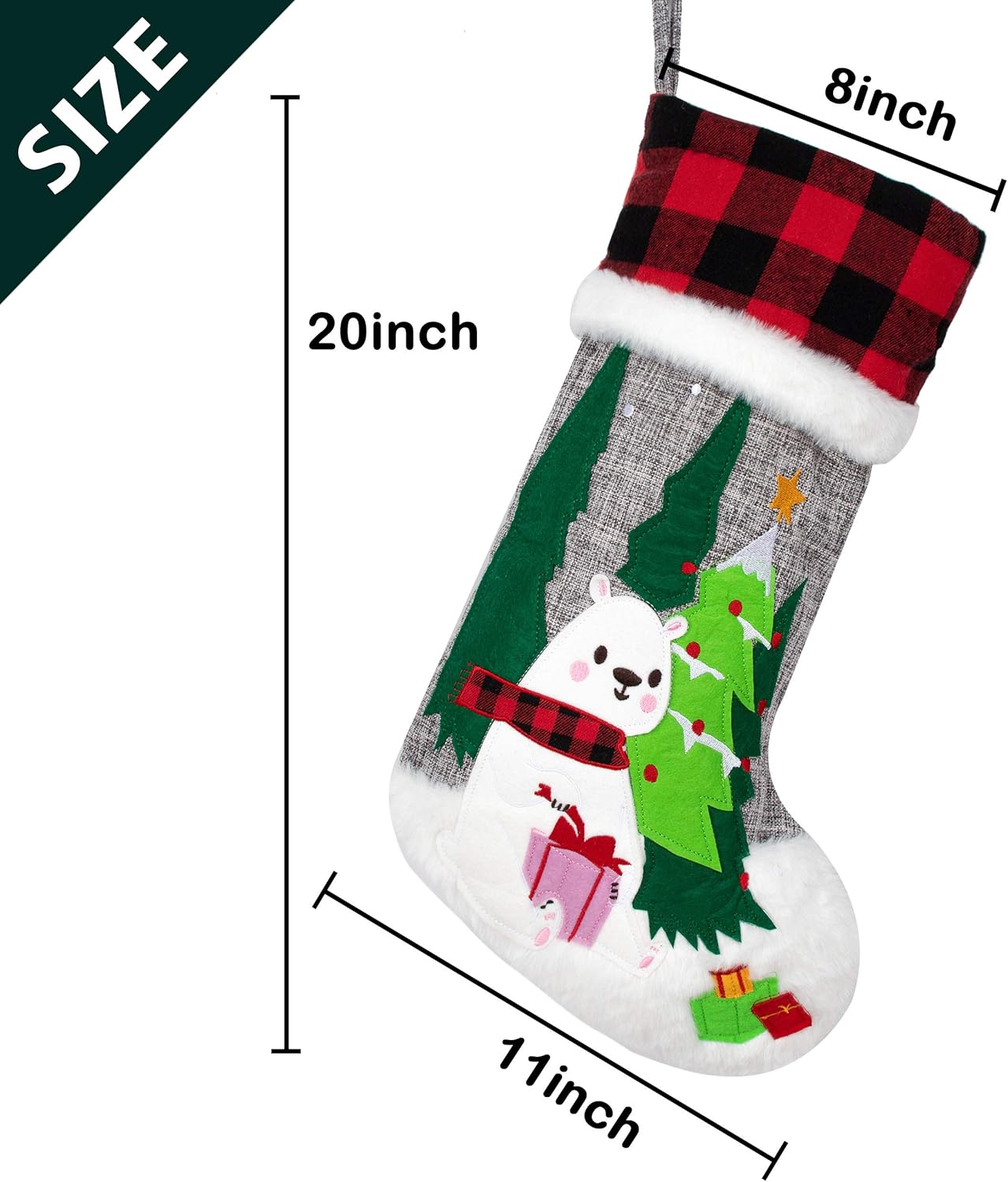 BHD BEAUTY Set of 6 Christmas Stockings Gray Burlap Buffalo Red Plaid Soft Faux Fur 20 Inches Lovely Embroidery Pattern for Family Decorations Hanging Ornament for Xmas Holiday Party