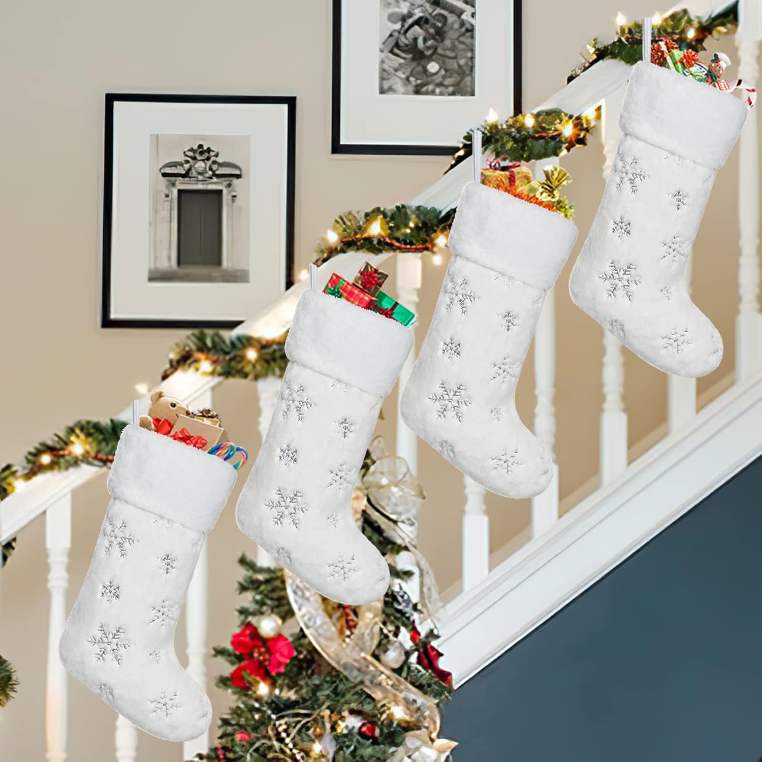 Dremisland 4 Pack Christmas Stockings - 20 Inch Cream White Faux Fur Xmas Stockings with Silver Sequin Snowflakes Super Soft Thick Plush Xmas Stockings for Christmas Decoration Holiday Decor (Sliver)