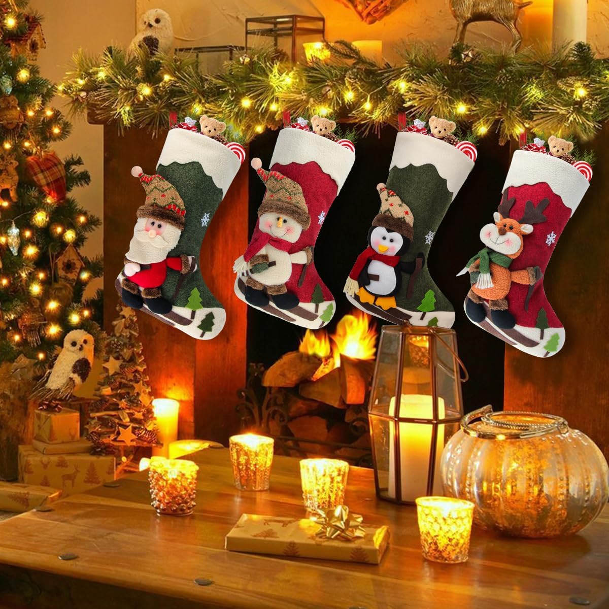 Dreampark Christmas Stockings 4 Pack 18 Big Xmas Stockings Decoration - Santa Snowman Reindeer Penguin Family Stockings for Home Decor Set of 4