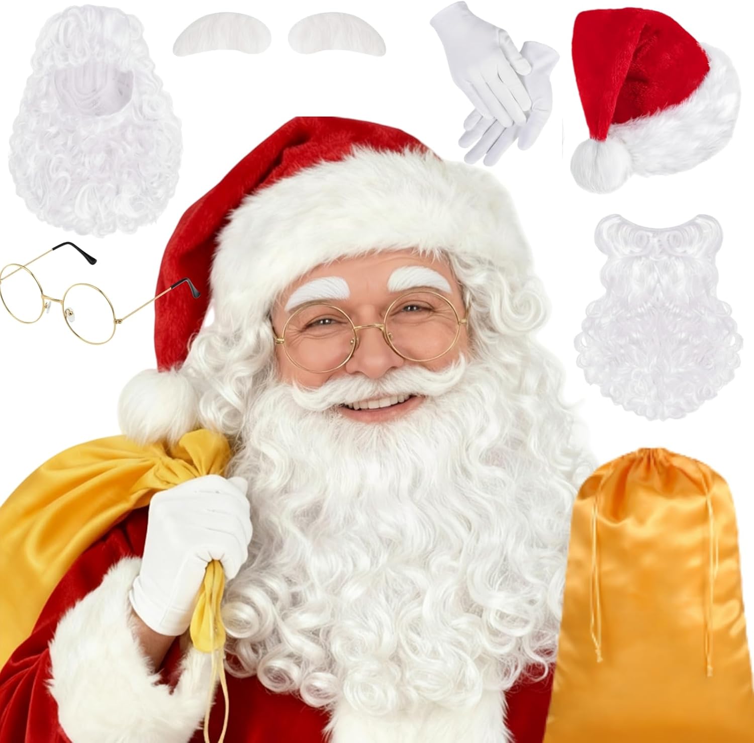 Christmas Santa Costume Set Includes Christmas Santa Hat Beard Wig White Gloves Glasses Present Bag for Xmas Costume