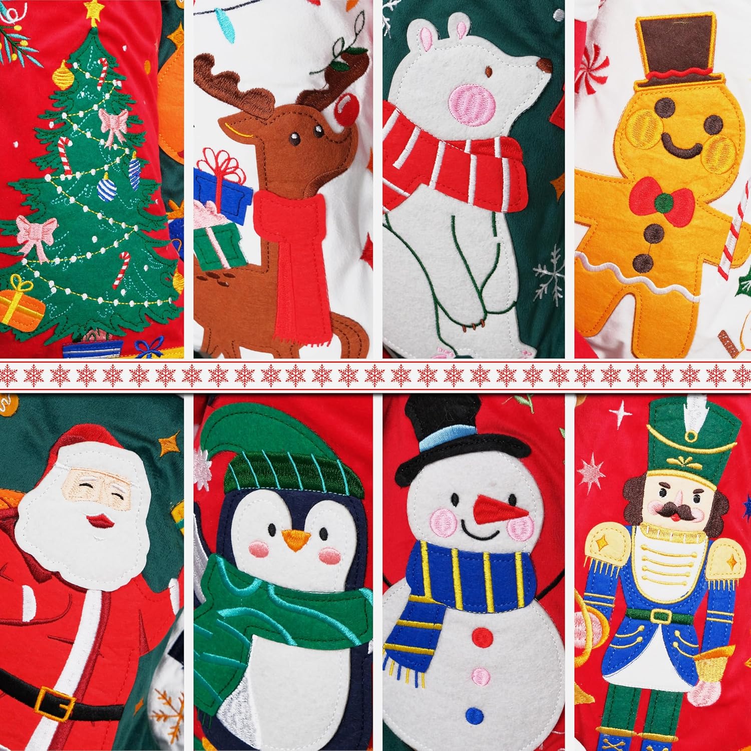 BHD BEAUTY Set of 6 Christmas Stockings Gray Burlap Buffalo Red Plaid Soft Faux Fur 20 Inches Lovely Embroidery Pattern for Family Decorations Hanging Ornament for Xmas Holiday Party