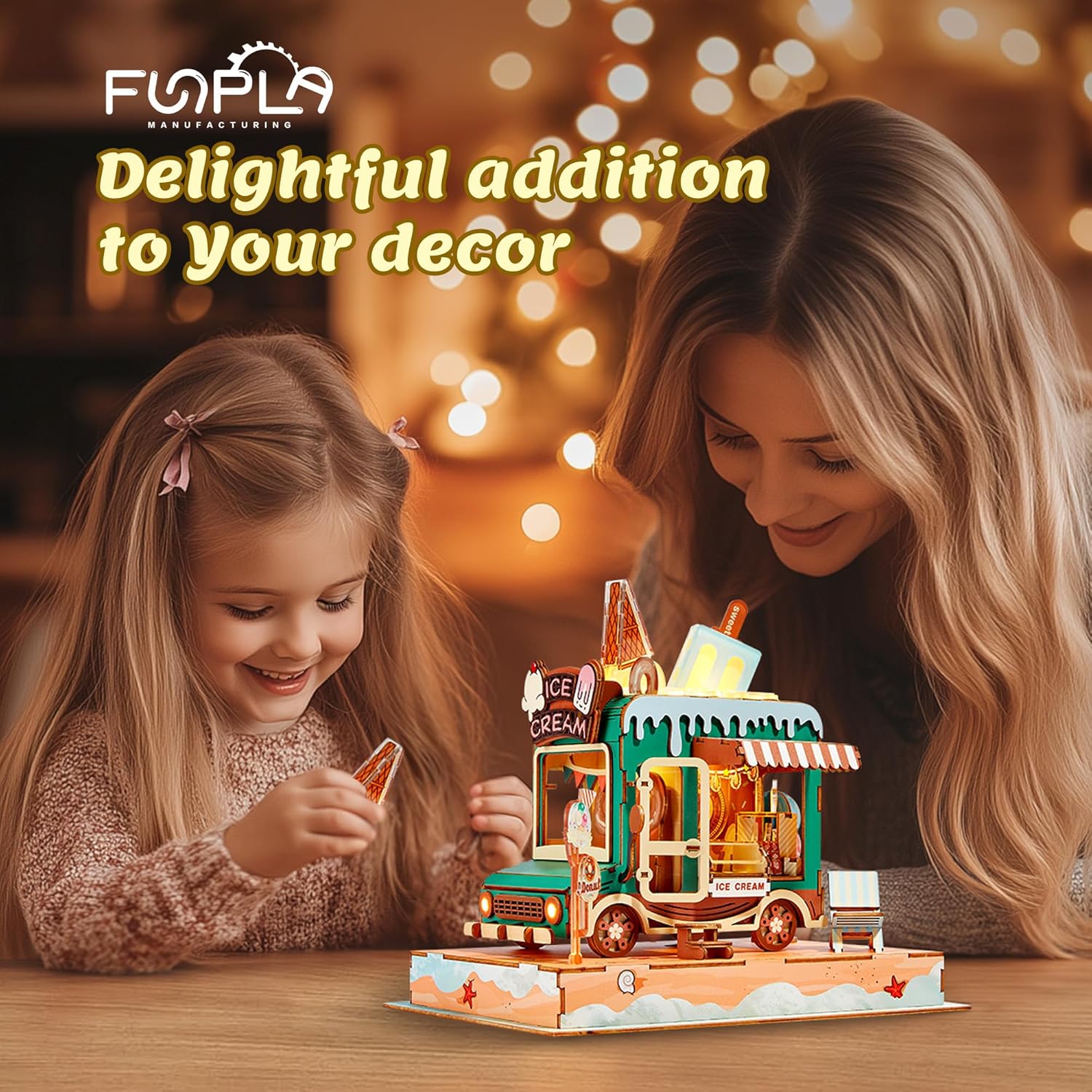 FUNPOLA 3D Wood Puzzle Travel Truck Model - DIY Miniature Adventure Truck Kit with LED Lights - Creative Gift for Kids and Adults(Travel Truck)