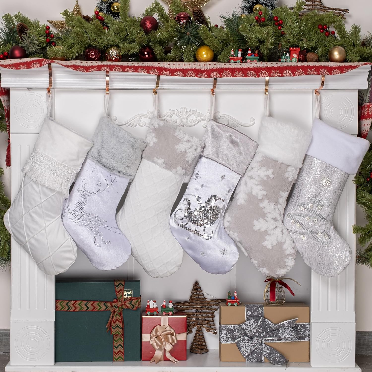 BHD BEAUTY Set of 6 Christmas Stockings Gray Burlap Buffalo Red Plaid Soft Faux Fur 20 Inches Lovely Embroidery Pattern for Family Decorations Hanging Ornament for Xmas Holiday Party