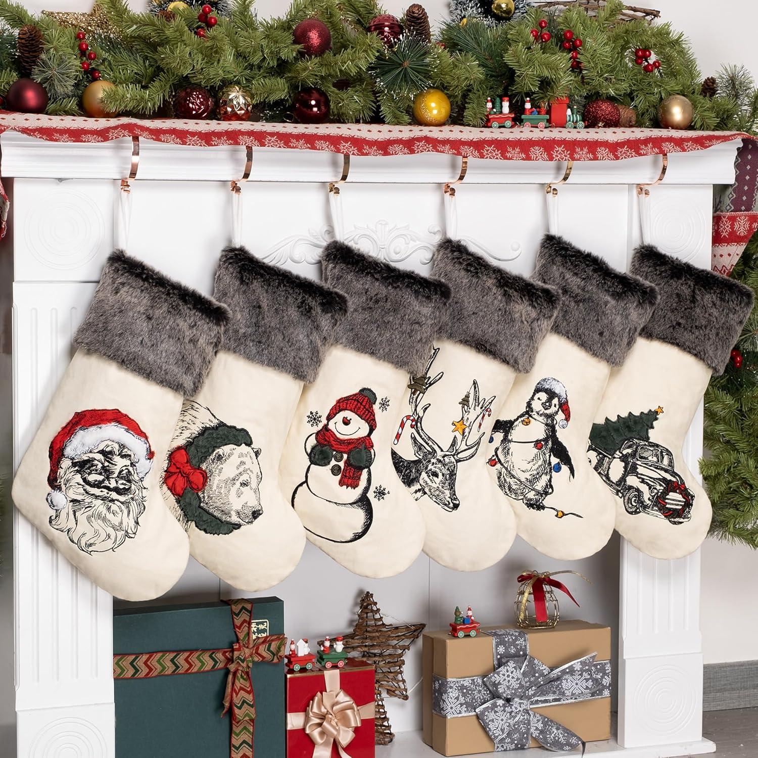 BHD BEAUTY Set of 6 Christmas Stockings Gray Burlap Buffalo Red Plaid Soft Faux Fur 20 Inches Lovely Embroidery Pattern for Family Decorations Hanging Ornament for Xmas Holiday Party