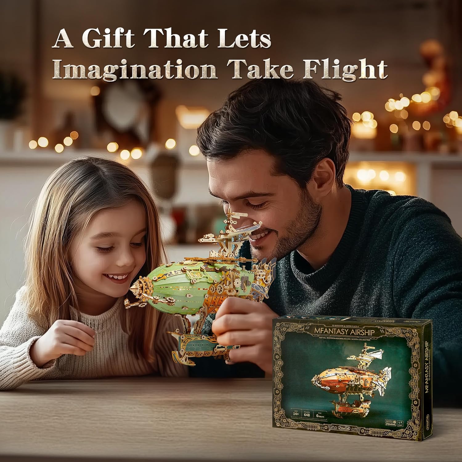 FUNPOLA LED 3D Wood Puzzle Fantasy Airship Model - Steampunk DIY Craft Kit with LED Lights – Intricate Wooden Airship Model Building Set for Teens and Adults(White)