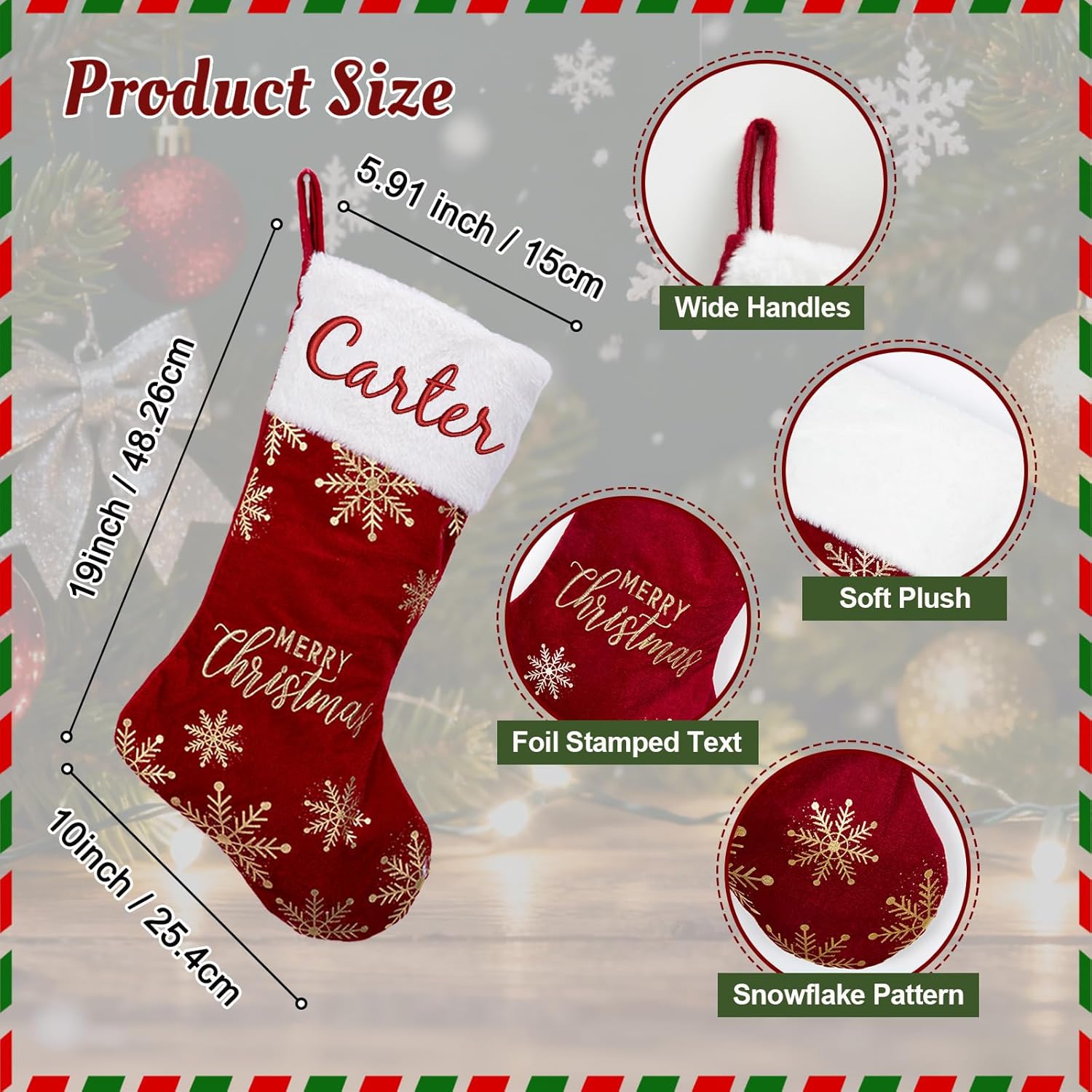 Flycalf Velvet Christmas Stockings 6 Pack Large 20 Inches with Hanging Loop Embroidery Classic Luxury Family Ornament Fireplace Hanging Stockings for Christmas Decorations