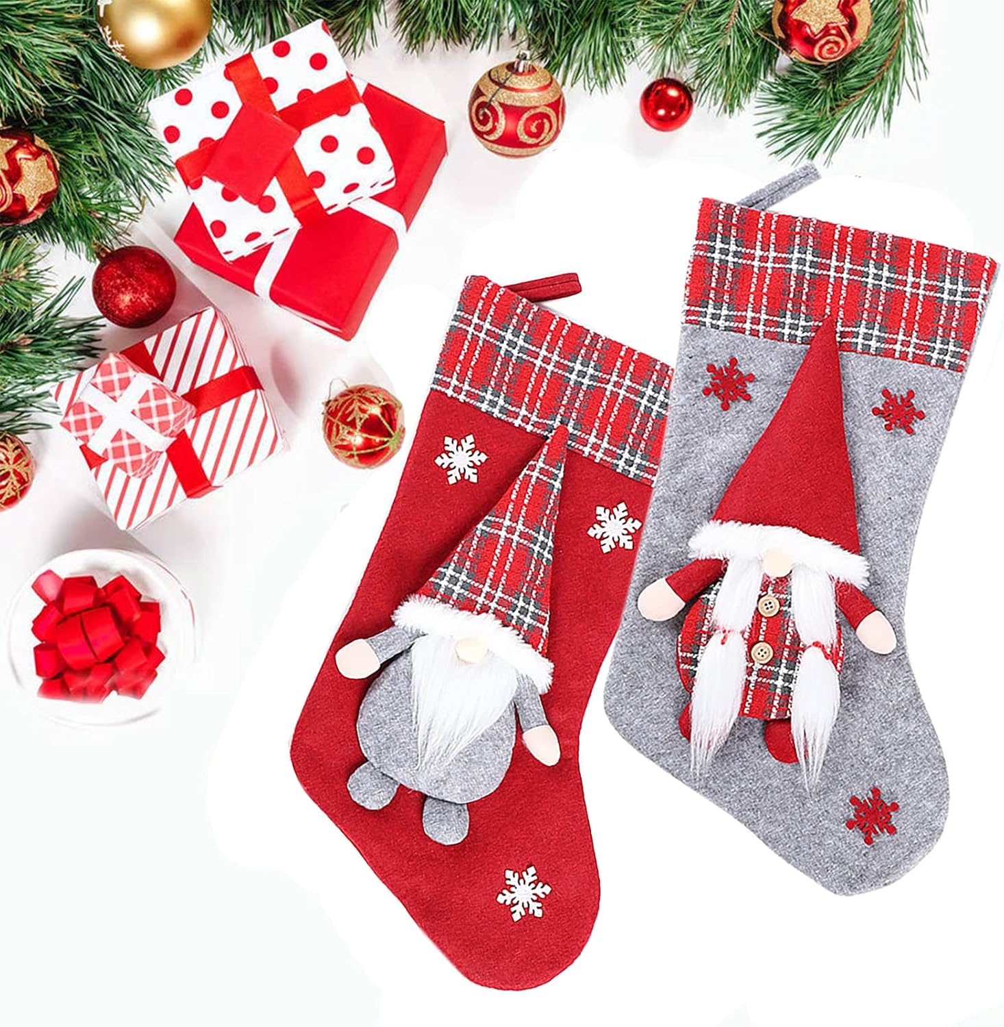 Meajore 2 Pcs Christmas Stockings New Set, 3D Gnomes Santa Christmas Stockings Personalized (18inch) Soft Classic Red and Grey Fireplace Hanging for Family Holiday Xmas Party Decorations