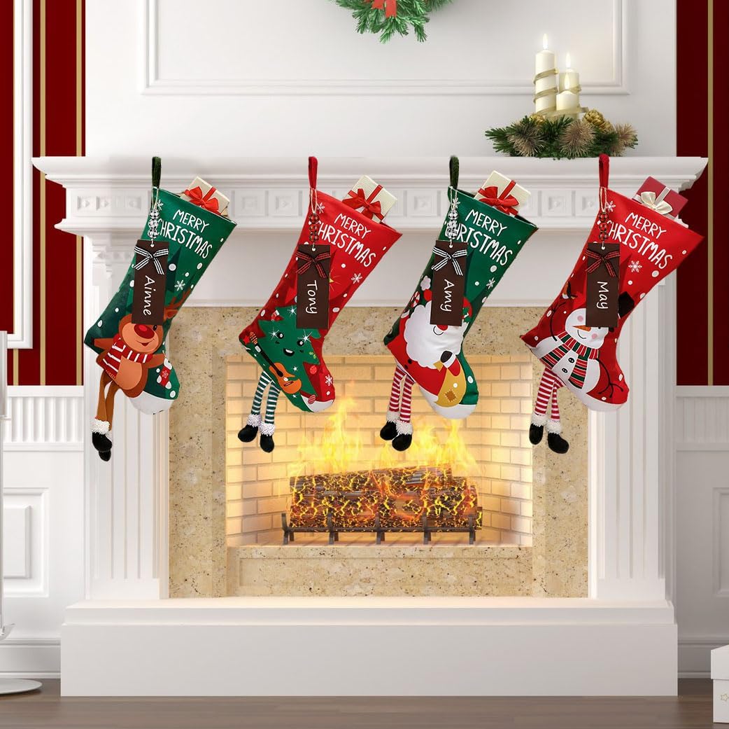 is Tycons 2023 New 4 Pack Christmas Stockings with Name Tags,18 Large Personalized Christmas Stocking Deer Santa Non-Woven Xmas Stocking,Fireplace Hanging Stockings Boots for Holiday Christmas Decor