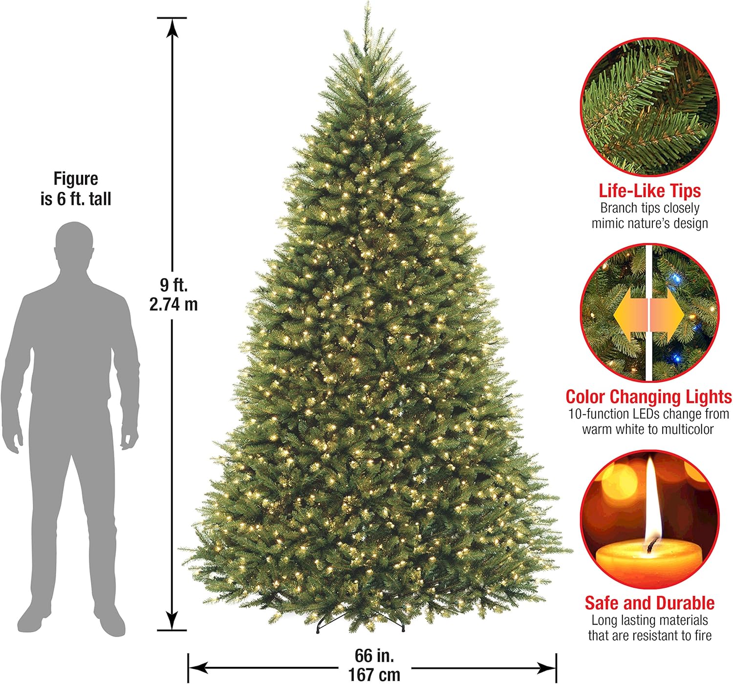 National Tree Company 7.5 ft Pre-Lit Dunhill Fir Artificial Christmas Tree, 700 LED Lights, 2,514 Tips, Foot Pedal, 10 Light Functions, Includes Stand, Green