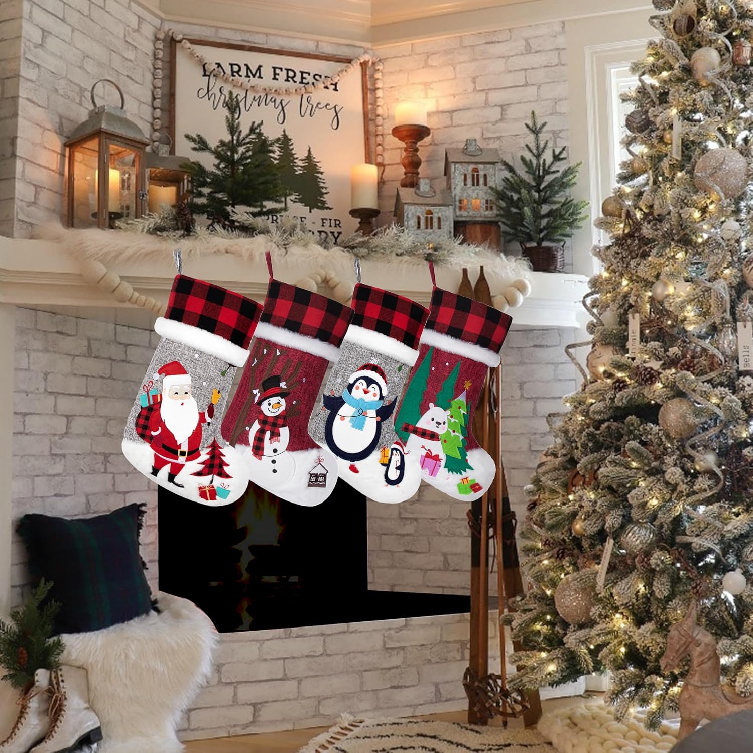 BHD BEAUTY Set of 6 Christmas Stockings Gray Burlap Buffalo Red Plaid Soft Faux Fur 20 Inches Lovely Embroidery Pattern for Family Decorations Hanging Ornament for Xmas Holiday Party
