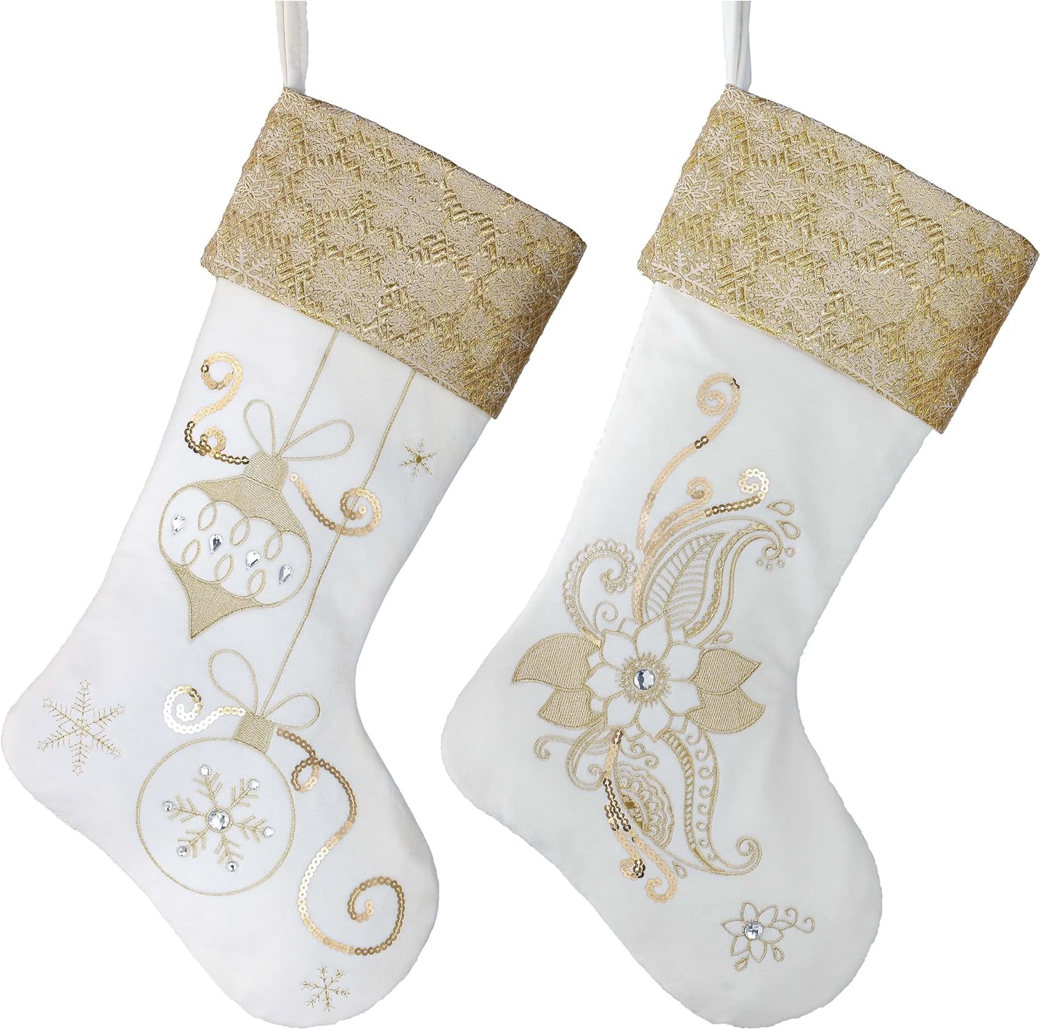 Valery Madelyn 21 Inches Christmas Stockings Decorations, 2 Pack White and Gold Stockings Embroidered in Gold Thread, Elegant Stocking Christmas with Name Tag for Fireplace Decor