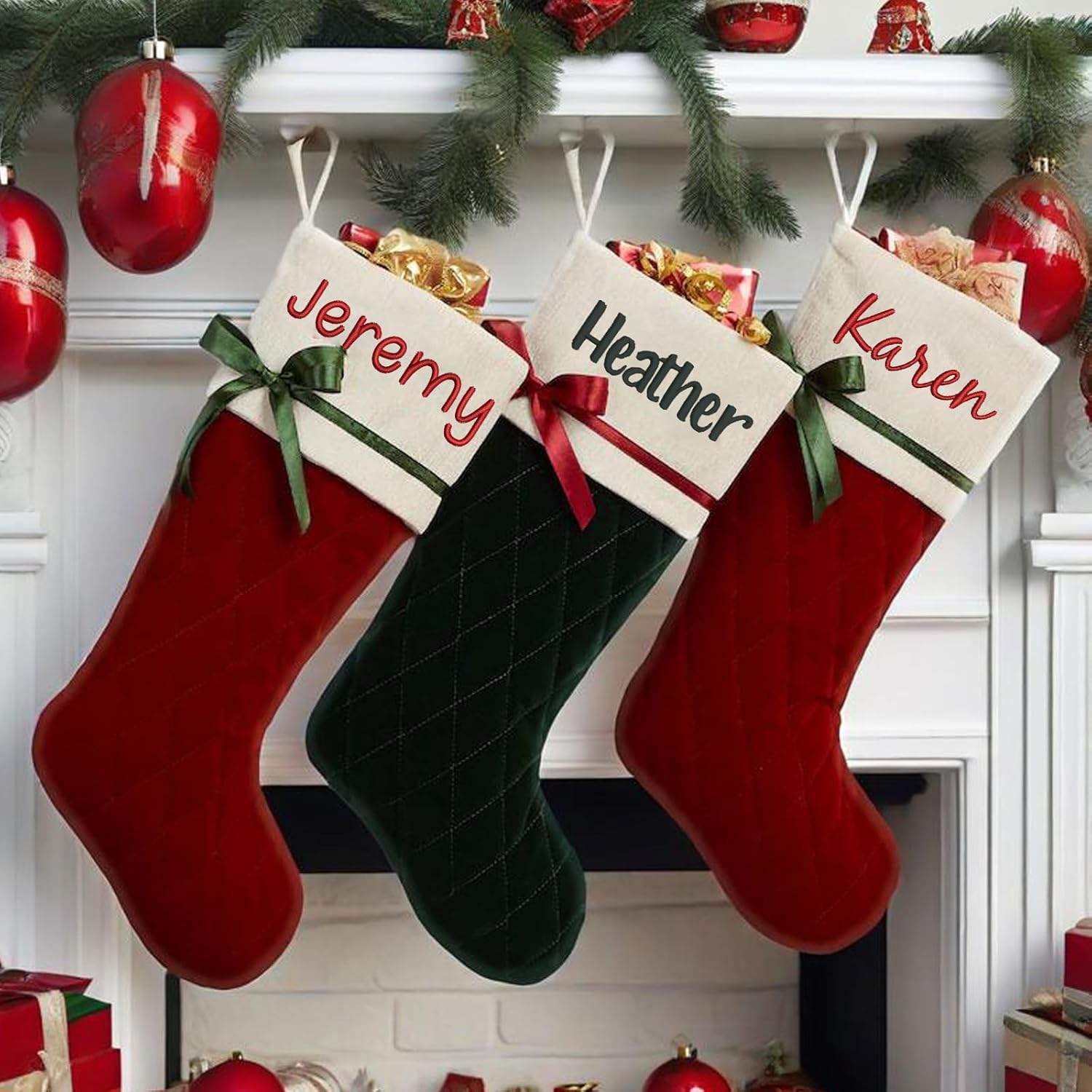 Flycalf Velvet Christmas Stockings 6 Pack Large 20 Inches with Hanging Loop Embroidery Classic Luxury Family Ornament Fireplace Hanging Stockings for Christmas Decorations