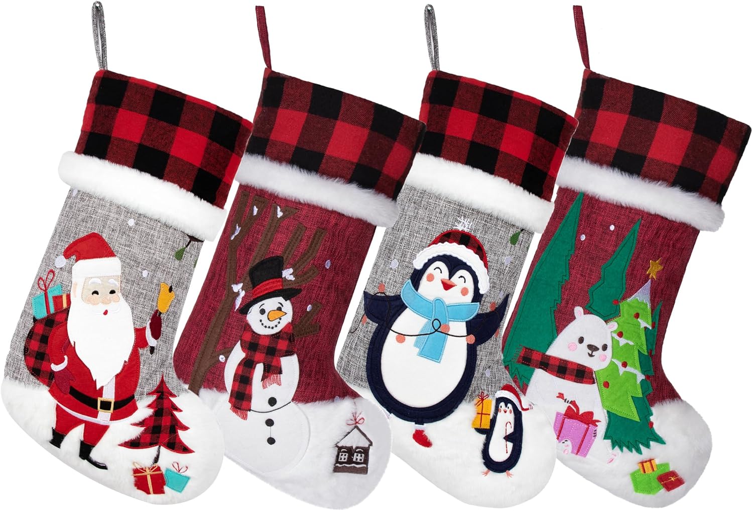 BHD BEAUTY Set of 6 Christmas Stockings Gray Burlap Buffalo Red Plaid Soft Faux Fur 20 Inches Lovely Embroidery Pattern for Family Decorations Hanging Ornament for Xmas Holiday Party