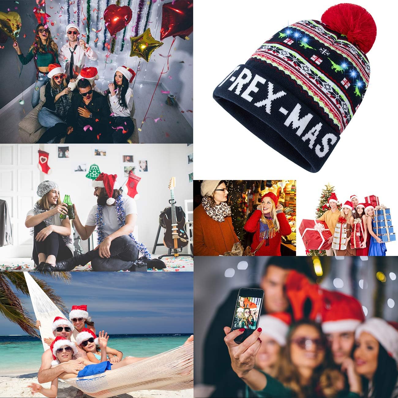 Unisex Ugly LED Christmas Hat Novelty Colorful Light-up Stylish Knitted Sweater Xmas Party Beanie Cap(6 Lights)