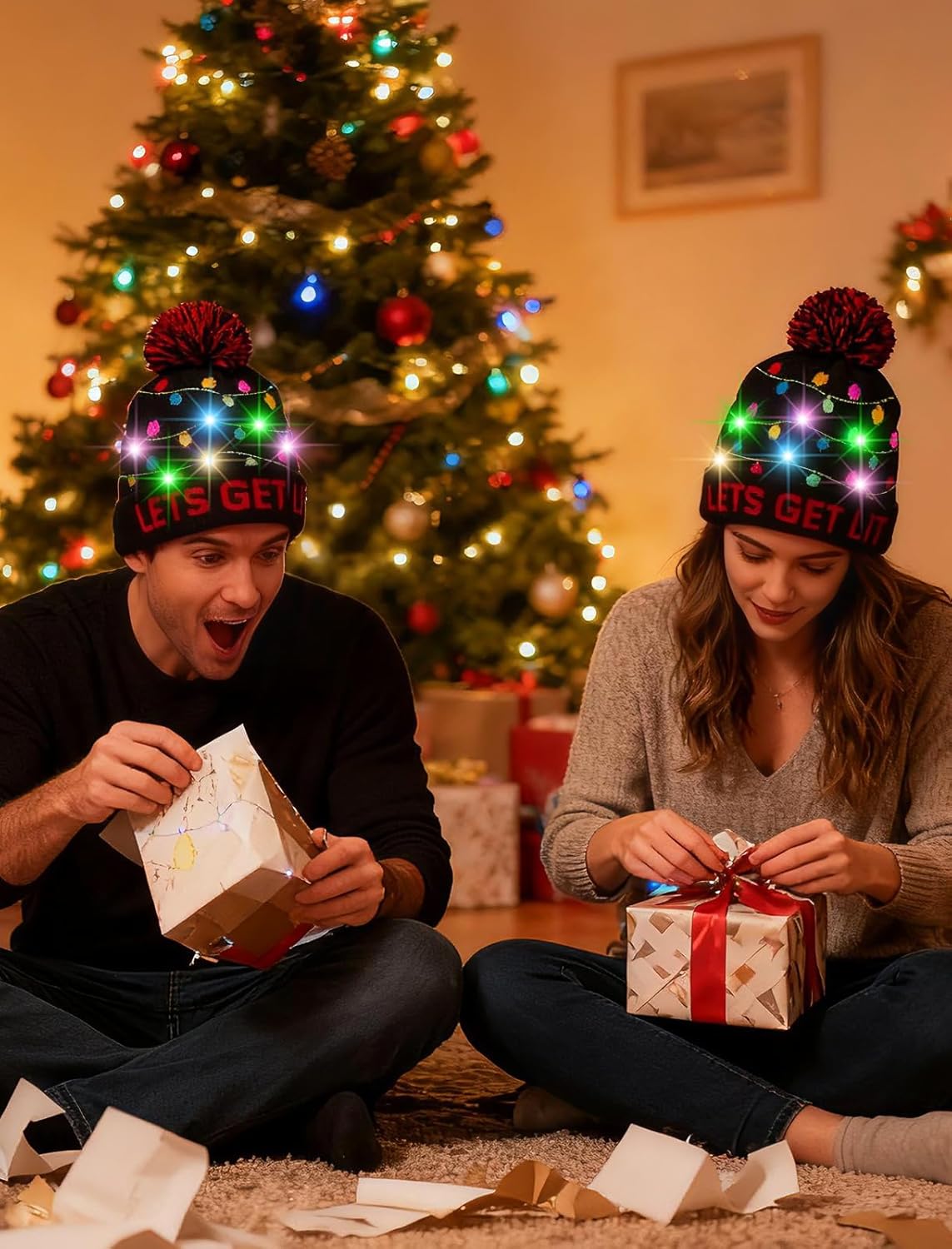 Unisex Ugly LED Christmas Hat Novelty Colorful Light-up Stylish Knitted Sweater Xmas Party Beanie Cap(6 Lights)