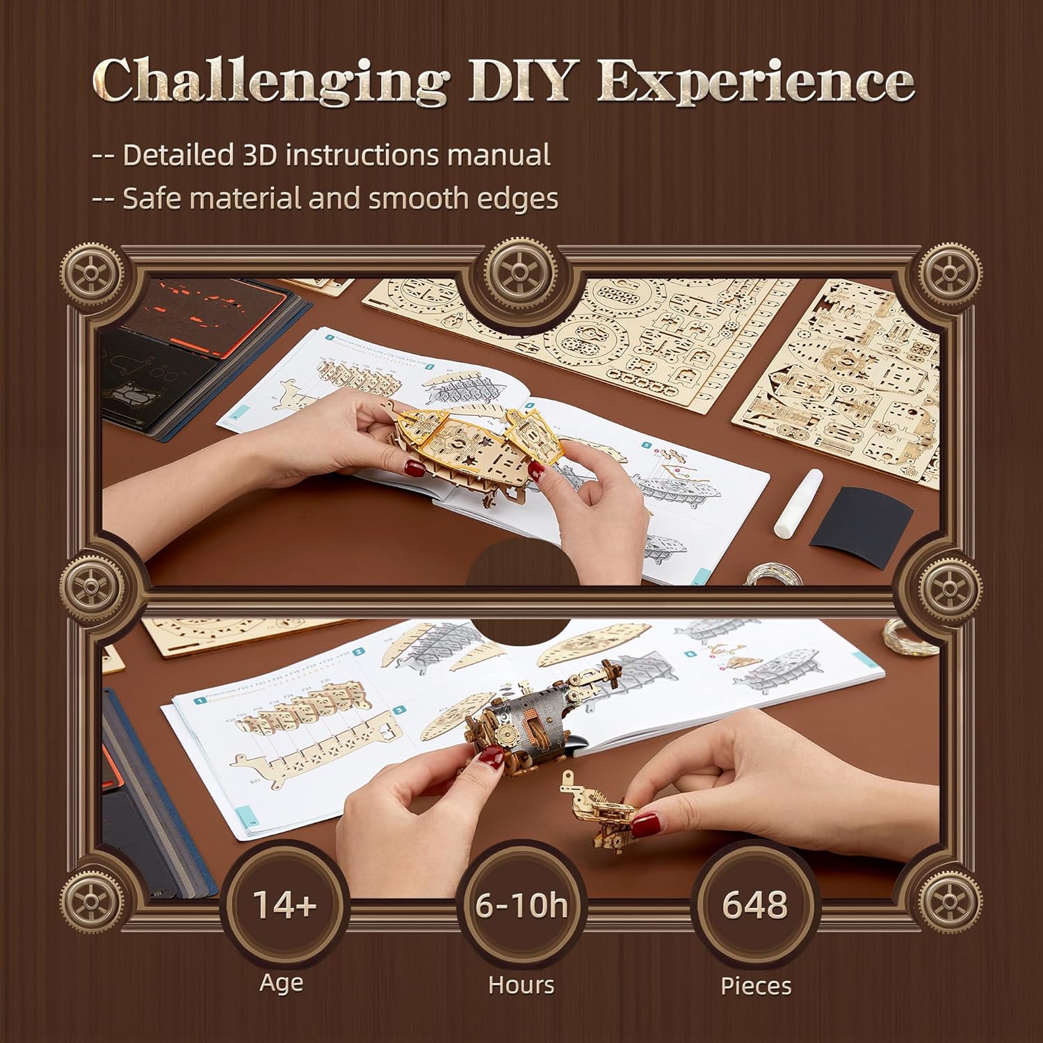 FUNPOLA LED 3D Wood Puzzle Fantasy Airship Model - Steampunk DIY Craft Kit with LED Lights – Intricate Wooden Airship Model Building Set for Teens and Adults(White)