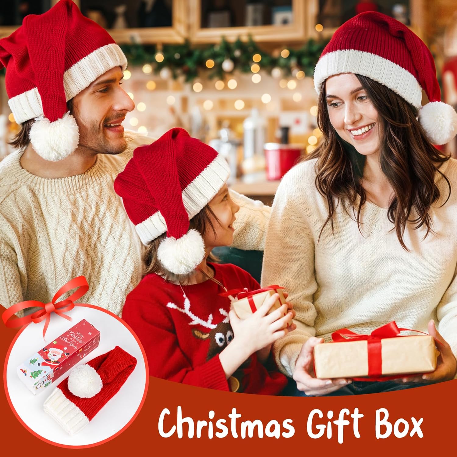 Santa Hat Christmas Hat Xmas Adult Women Men Washable Fade-restant Knitted Soft Warm Long