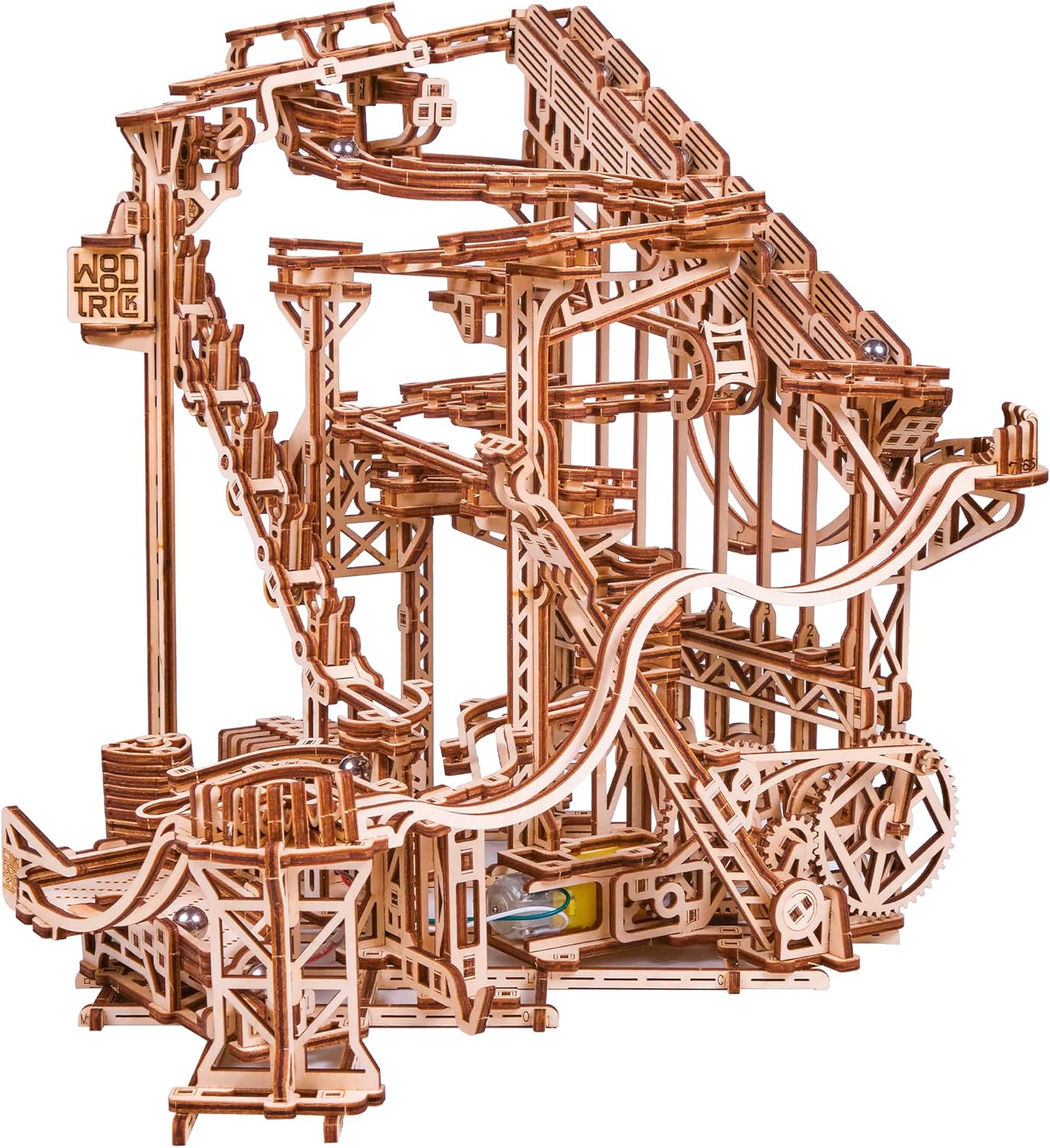 Wood Trick Wooden Marble Run Spiral Electric Motorized - Wooden 3D Puzzles for Adults to Build - 13x13 - Roller Coaster Mechanical Wooden Model Kits for Adults to Build