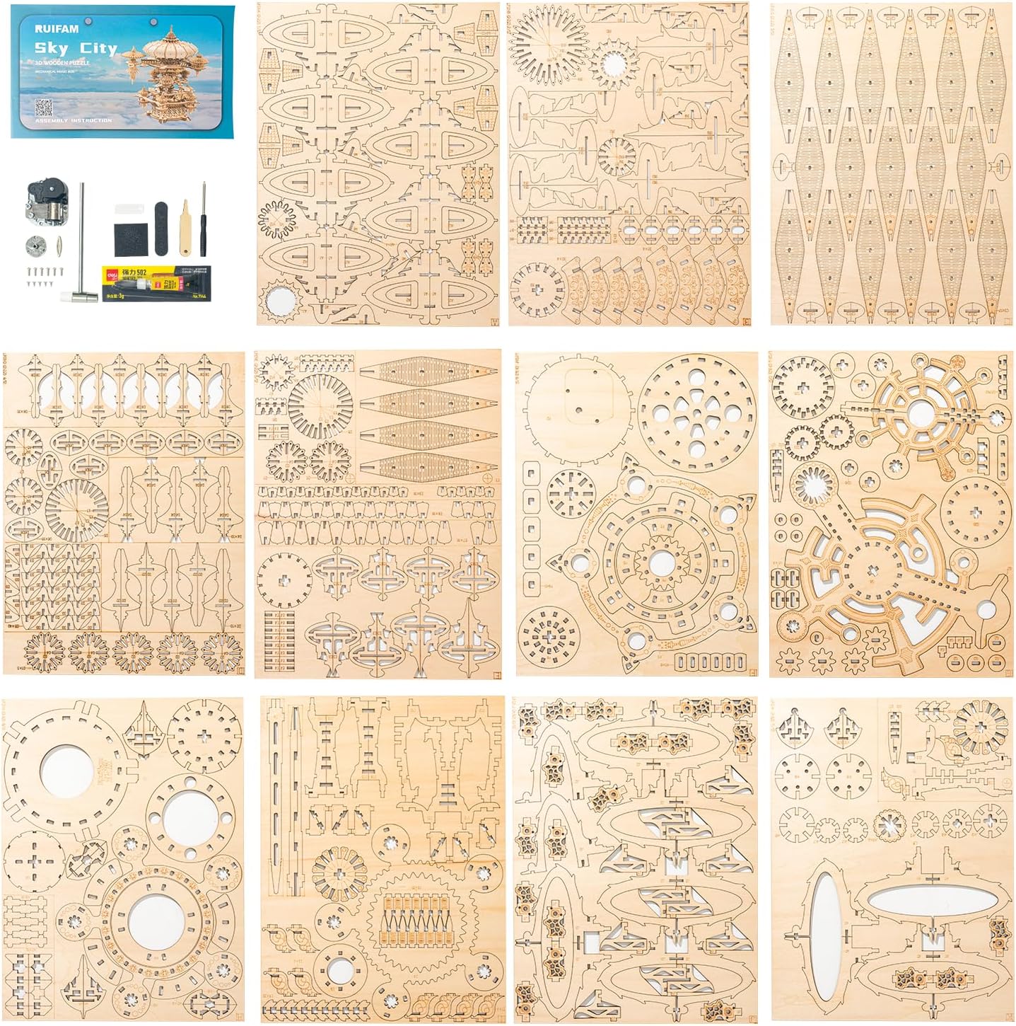 RUIFAM 3D Wooden Puzzles for Adults, SkyCity Music Box Model Kit, 600+ Pcs Cityscape Design, Challenging Mechanical DIY Craft, STEM Toy and Unique Gift for All Occasions