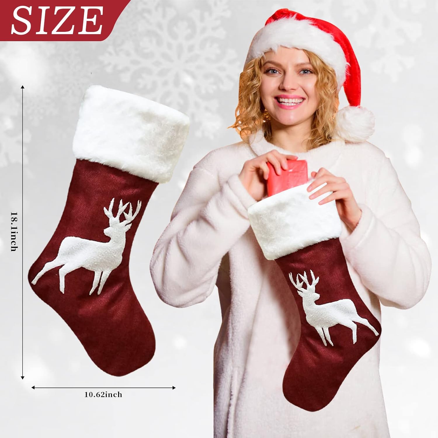 Meajore 2 Pcs Christmas Stockings New Set, 3D Gnomes Santa Christmas Stockings Personalized (18inch) Soft Classic Red and Grey Fireplace Hanging for Family Holiday Xmas Party Decorations