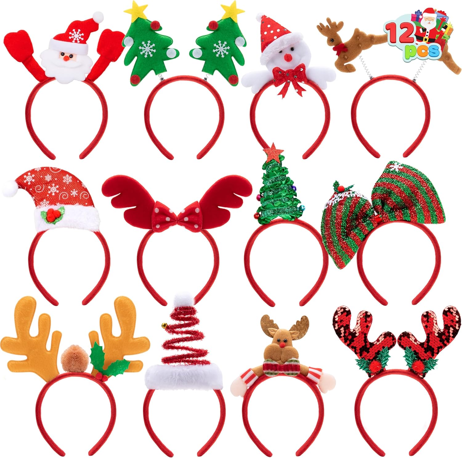 12 Packs Christmas Headbands 3D Head Hat Headbands for Kids Women Men Christmas Parties Costume Accessories Xmas Holiday Party Favors Photo Booth (ONE SIZE FIT ALL)