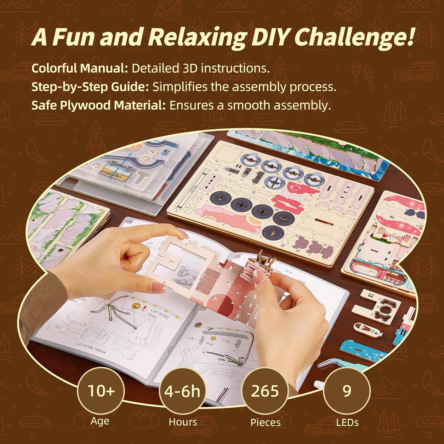 FUNPOLA 3D Wood Puzzle Travel Truck Model - DIY Miniature Adventure Truck Kit with LED Lights - Creative Gift for Kids and Adults(Travel Truck)