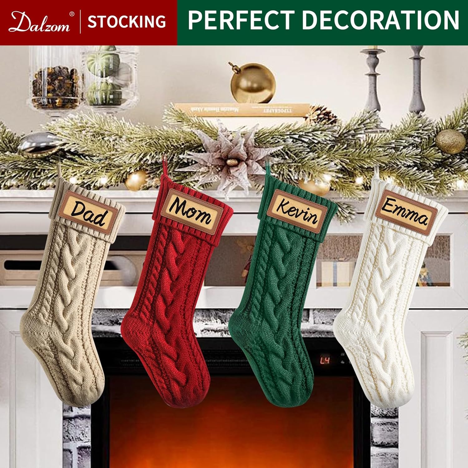 Dalzom® 4Pcs Personalized Christmas Stockings with Leather Patches Custom Name, 18” Premium Large Knitted Christmas Stockings for Kids, Family, Holiday and Fireplace Party Decoration