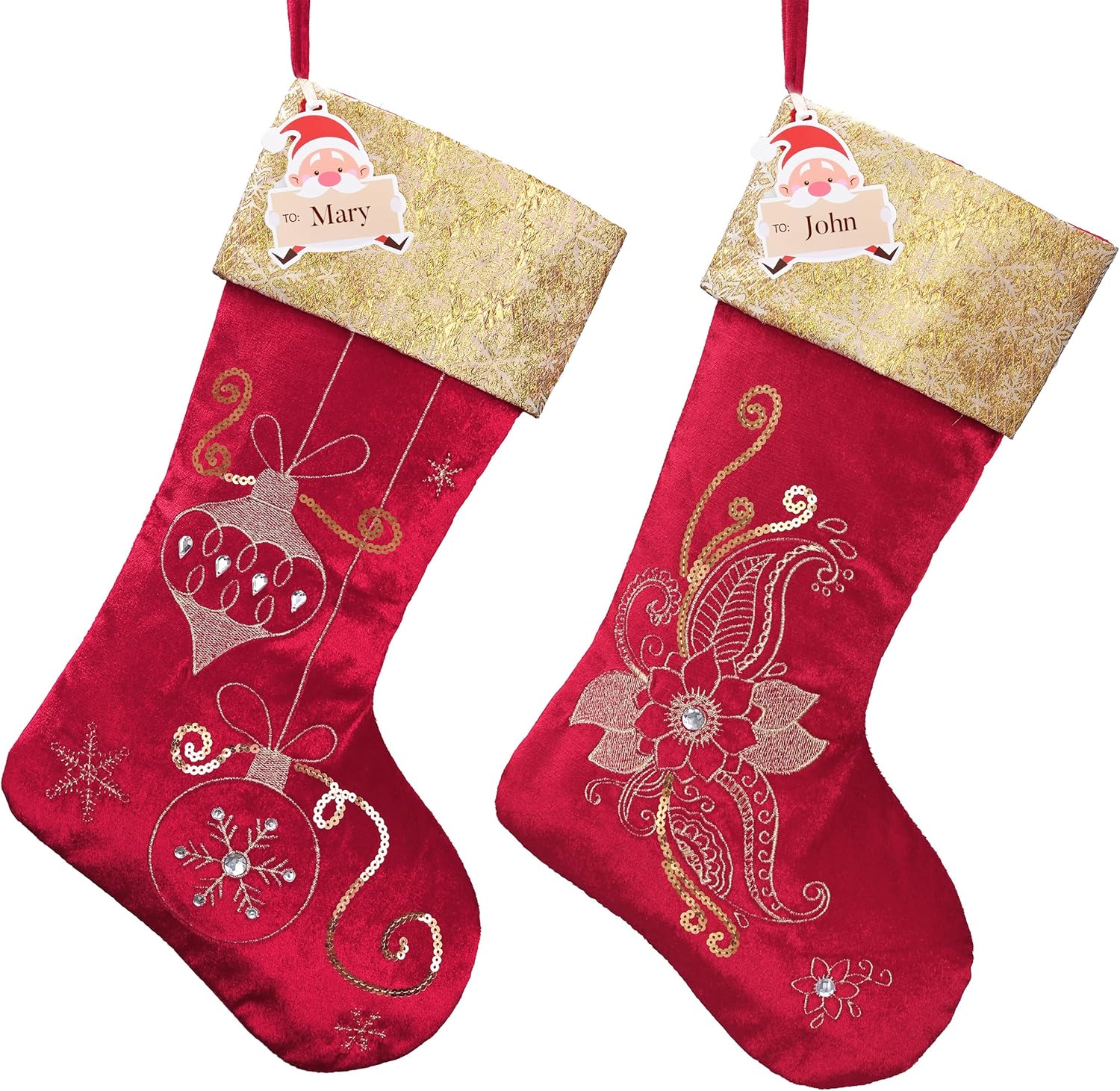 Valery Madelyn 21 Inches Christmas Stockings Decorations, 2 Pack White and Gold Stockings Embroidered in Gold Thread, Elegant Stocking Christmas with Name Tag for Fireplace Decor