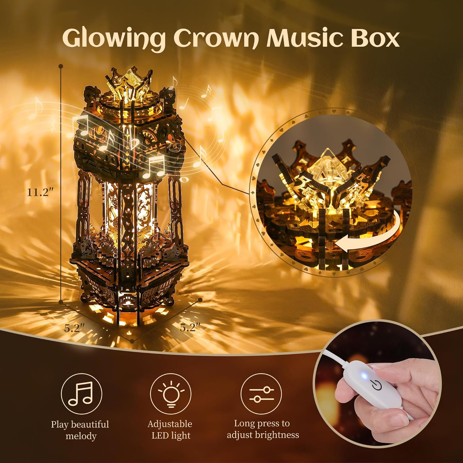 FUNPOLA LED 3D Wood Puzzle Poker World Projector Lamp – DIY Craft Kit with LED Lights and Music Box – Creative Poker-Themed Lamp, Nightlight Gift for Home Décor (Black Walnut)