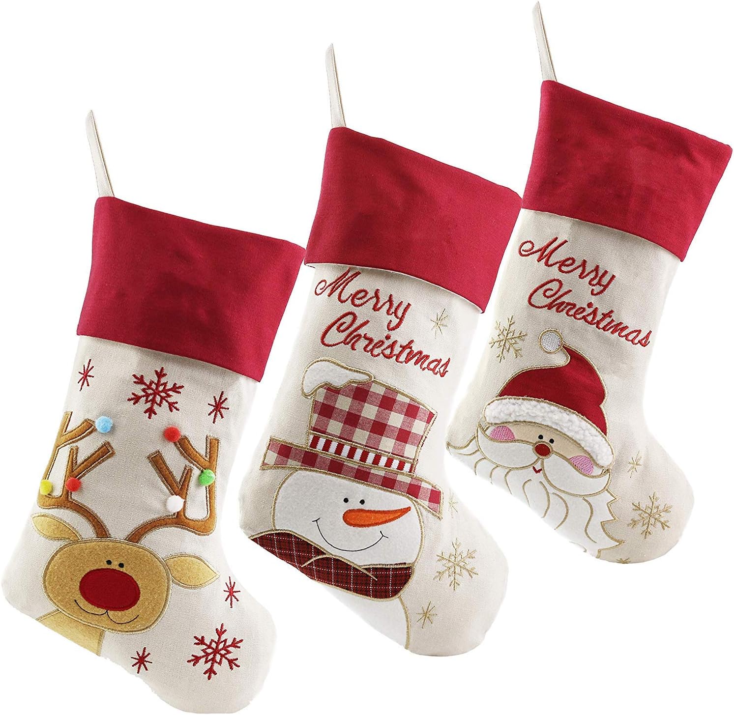 WEWILL 18'' Vintage Christmas Stockings Set of 3 Santa, Snowman, Reindeer, Xmas Character Large Christmas Stocking Hanging Tag Knit Border for Family Kids
