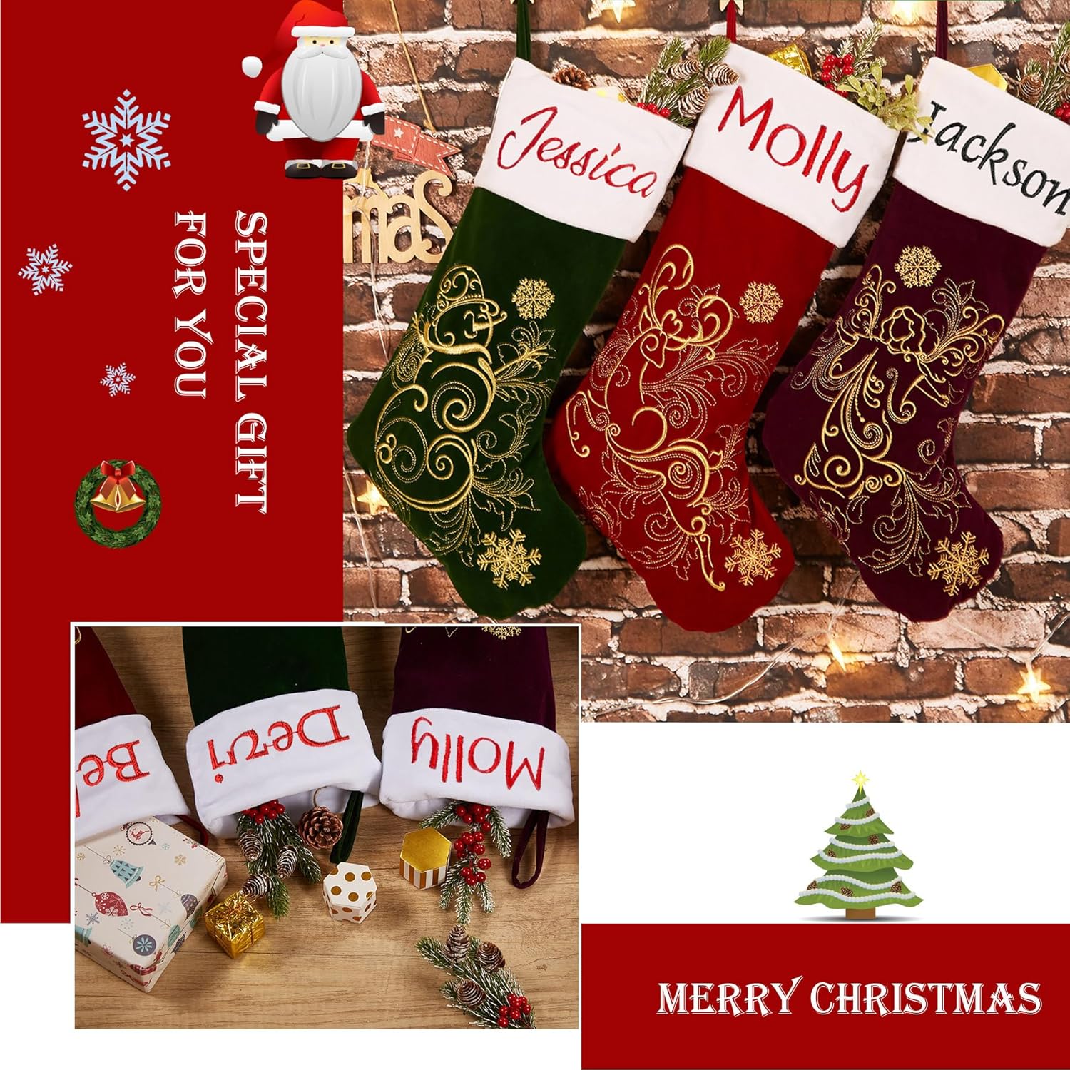 Flycalf Velvet Christmas Stockings 6 Pack Large 20 Inches with Hanging Loop Embroidery Classic Luxury Family Ornament Fireplace Hanging Stockings for Christmas Decorations
