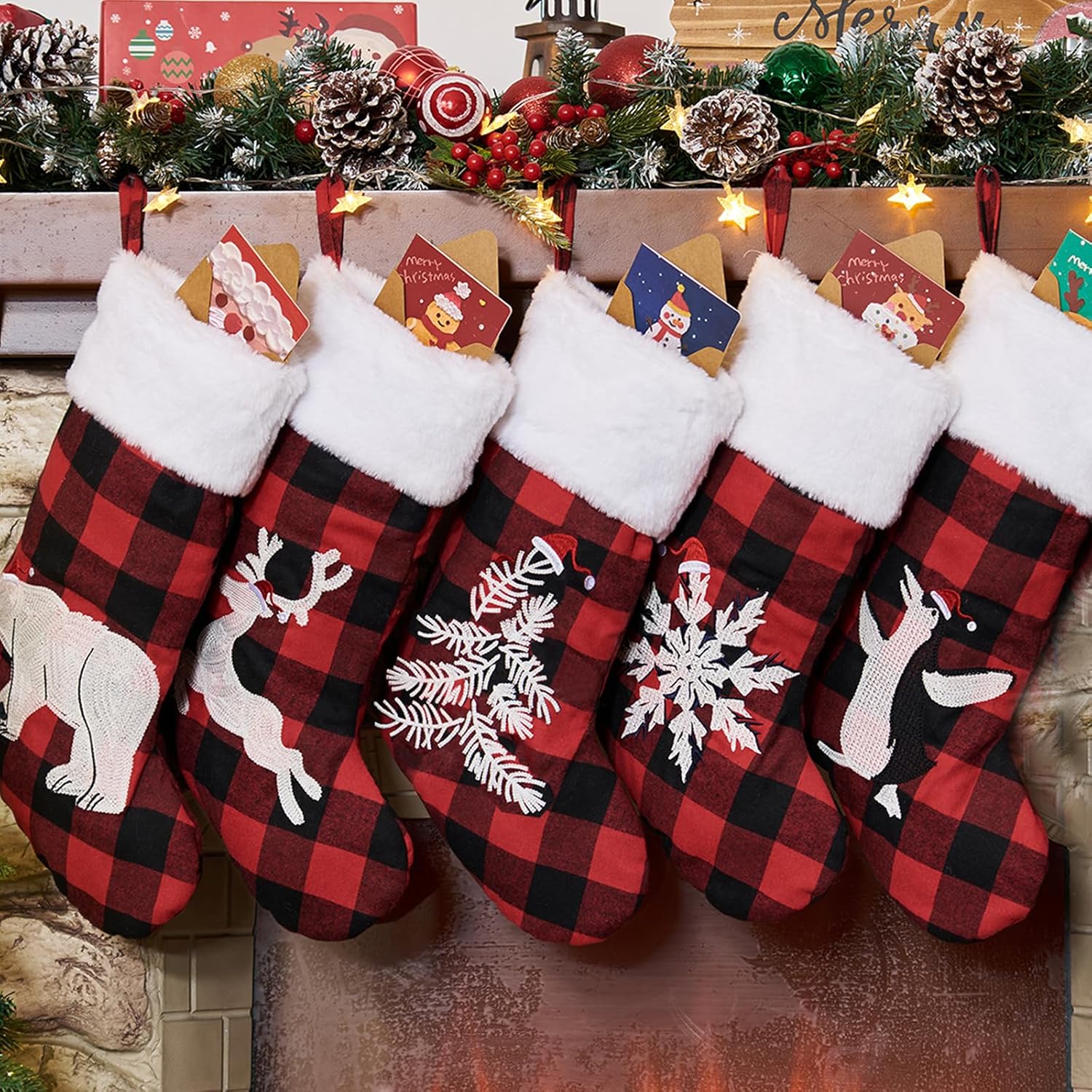 Flycalf Velvet Christmas Stockings 6 Pack Large 20 Inches with Hanging Loop Embroidery Classic Luxury Family Ornament Fireplace Hanging Stockings for Christmas Decorations