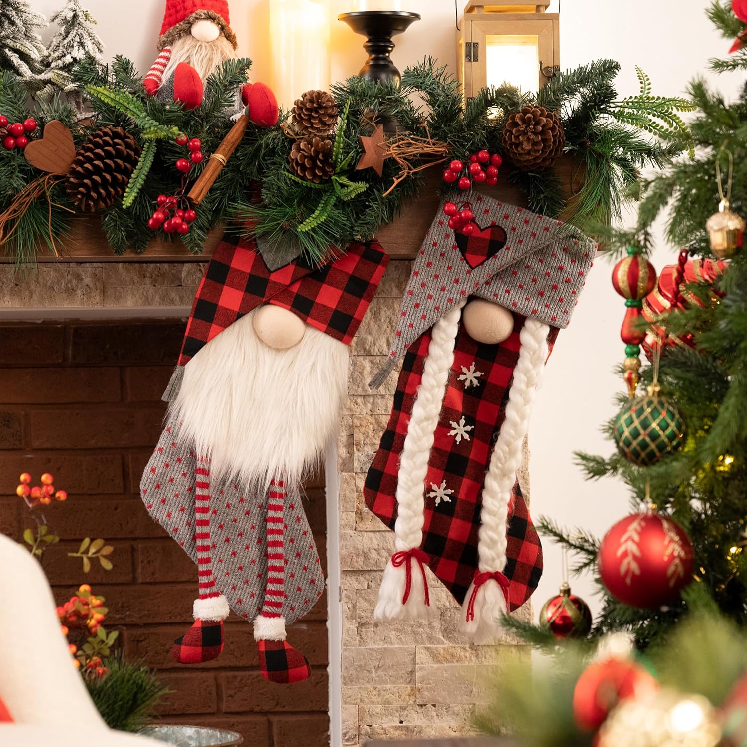 Valery Madelyn 21 Inch Christmas Gnome Stockings Decorations, 2 Pack Fabric Red Gray Tartan Cute Stocking with Name Tag, Valentine Day Gifts for Gnomes Lover and Women