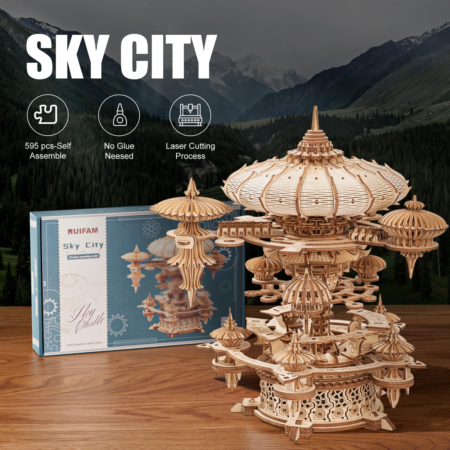 RUIFAM 3D Wooden Puzzles for Adults, SkyCity Music Box Model Kit, 600+ Pcs Cityscape Design, Challenging Mechanical DIY Craft, STEM Toy and Unique Gift for All Occasions