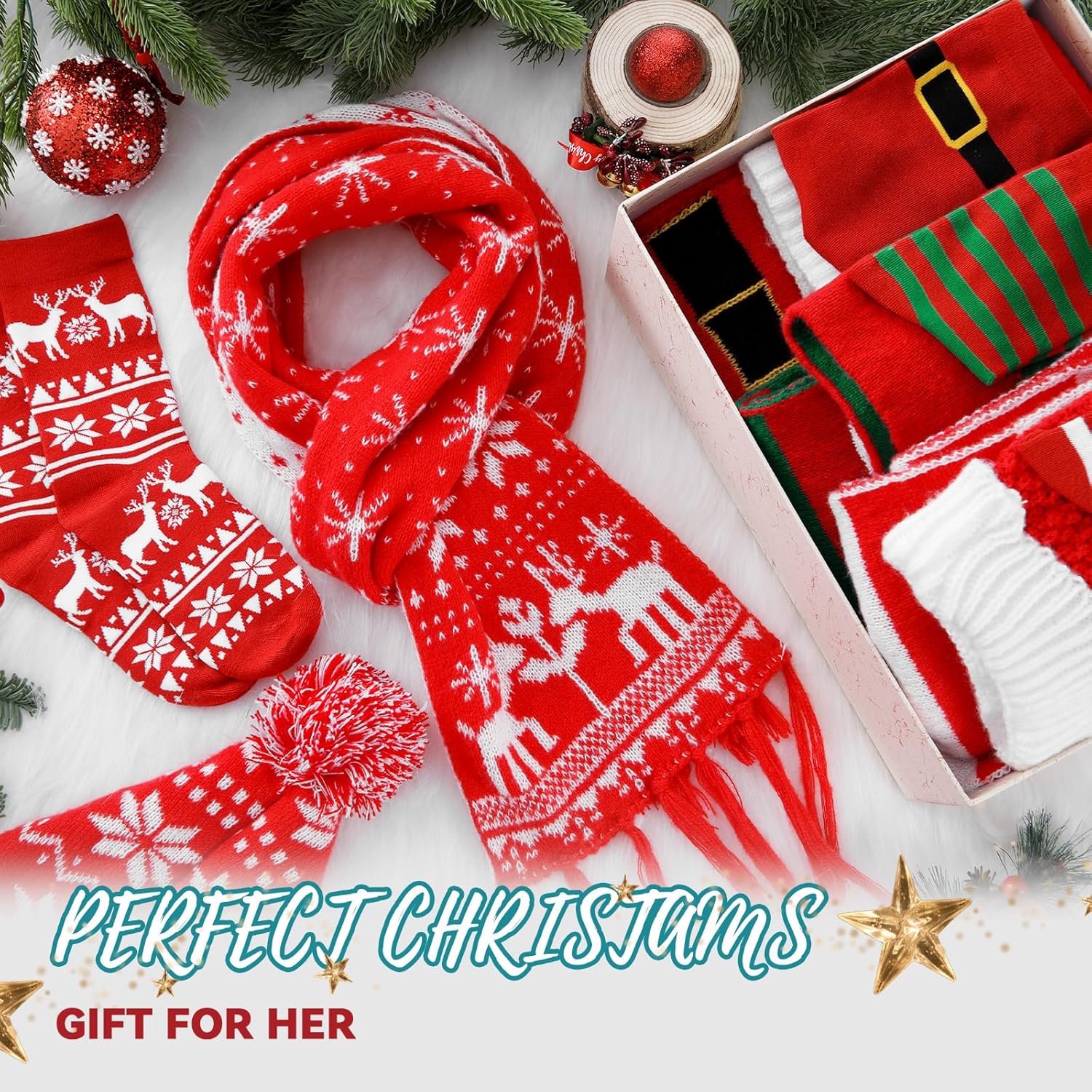 12 Pack Christmas Winter Accessories Set, 4 Christmas Beanies 4 Knitted Scarves and 4 Pairs of Holiday Socks Soft Warm Xmas Hat Scarf Sock Set for Family Parties Gifts