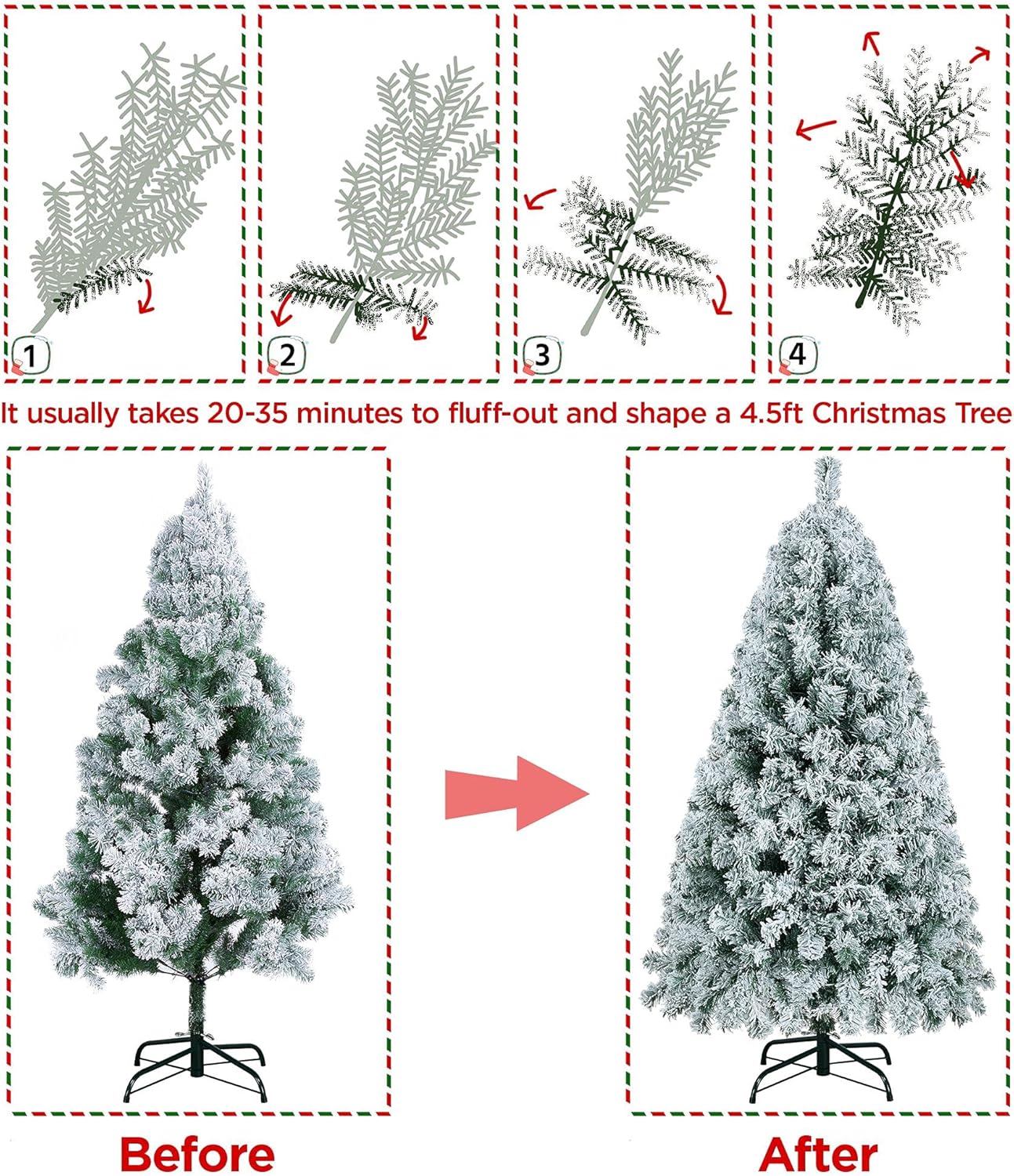 6ft Snow Flocked Pre-lit Christmas Tree with 250 Warm White Lights, 820 Lush Branch Tips & Quick-Assembly Hinged Design, Full Artificial Xmas Tree for Winter Holiday Décor, Green & White