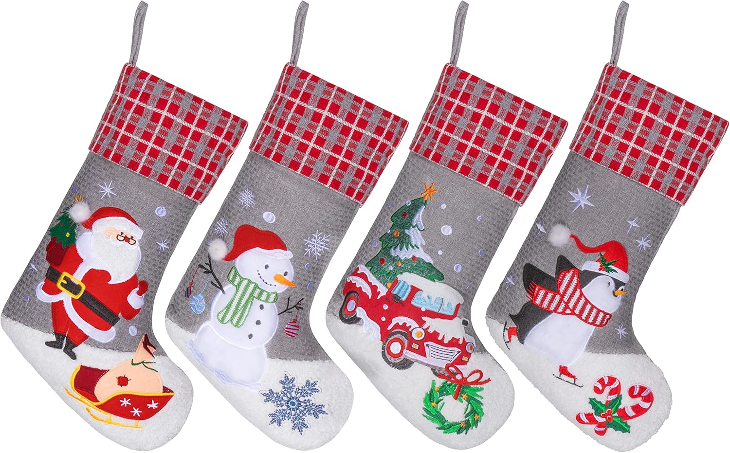 BHD BEAUTY Set of 6 Christmas Stockings Gray Burlap Buffalo Red Plaid Soft Faux Fur 20 Inches Lovely Embroidery Pattern for Family Decorations Hanging Ornament for Xmas Holiday Party
