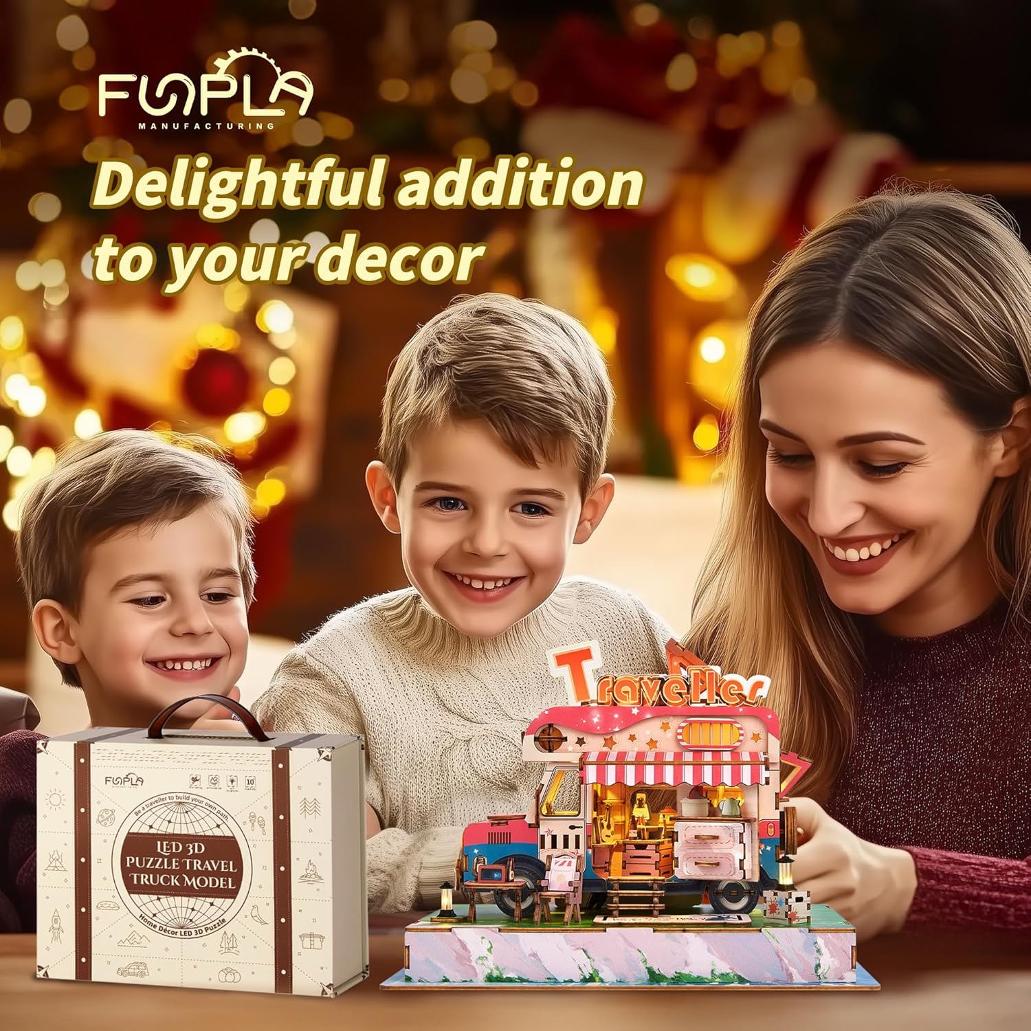 FUNPOLA 3D Wood Puzzle Travel Truck Model - DIY Miniature Adventure Truck Kit with LED Lights - Creative Gift for Kids and Adults(Travel Truck)