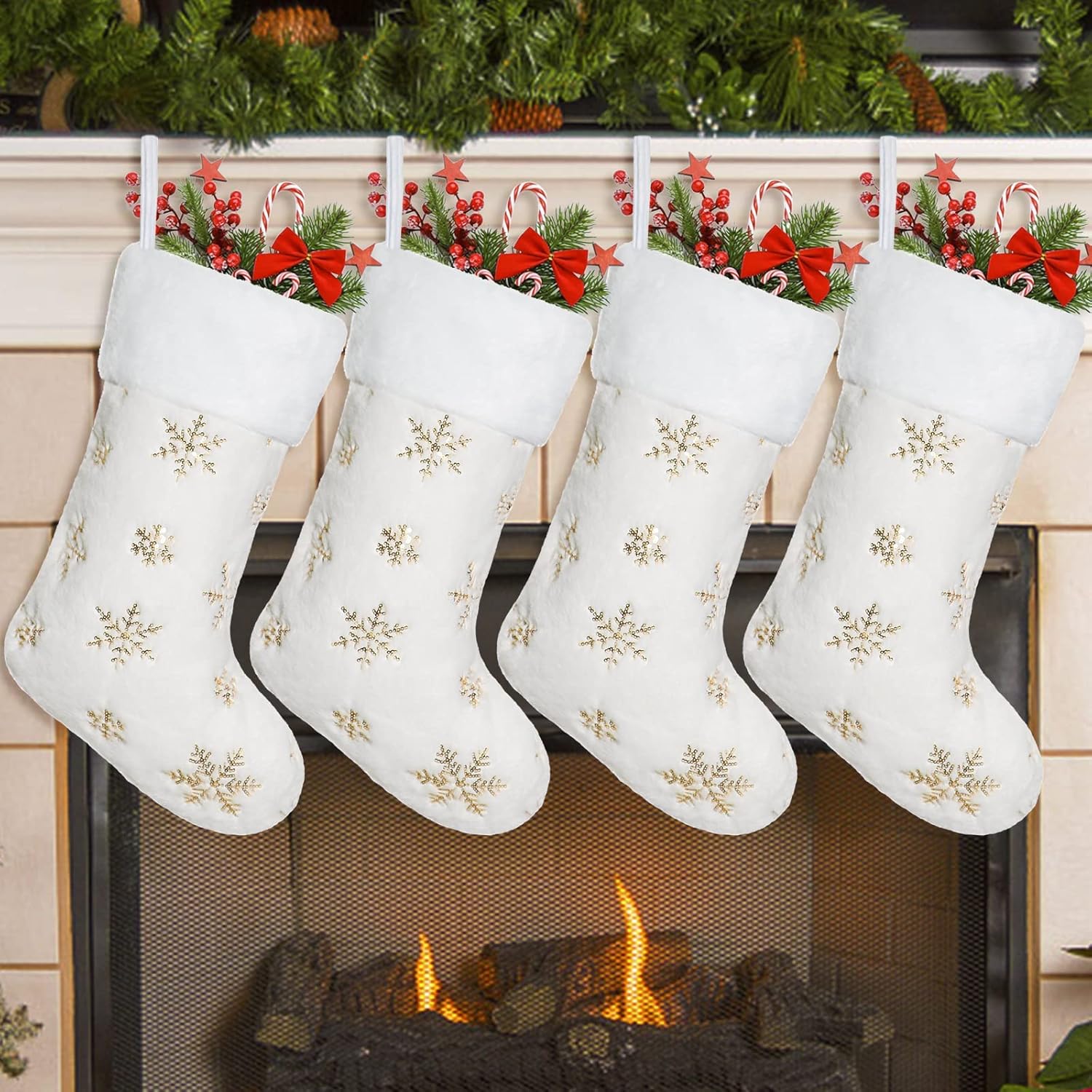 Dremisland 4 Pack Christmas Stockings - 20 Inch Cream White Faux Fur Xmas Stockings with Silver Sequin Snowflakes Super Soft Thick Plush Xmas Stockings for Christmas Decoration Holiday Decor (Sliver)
