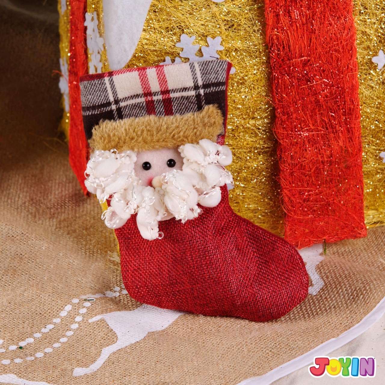 JOYIN 12 Pcs Mini Christmas 3D Bulk Xmas Stockings Santa Snowman Reindeer Burlap Stockings for Present Holders Treat Bags Christmas Tree Decoration Xmas Party Decors