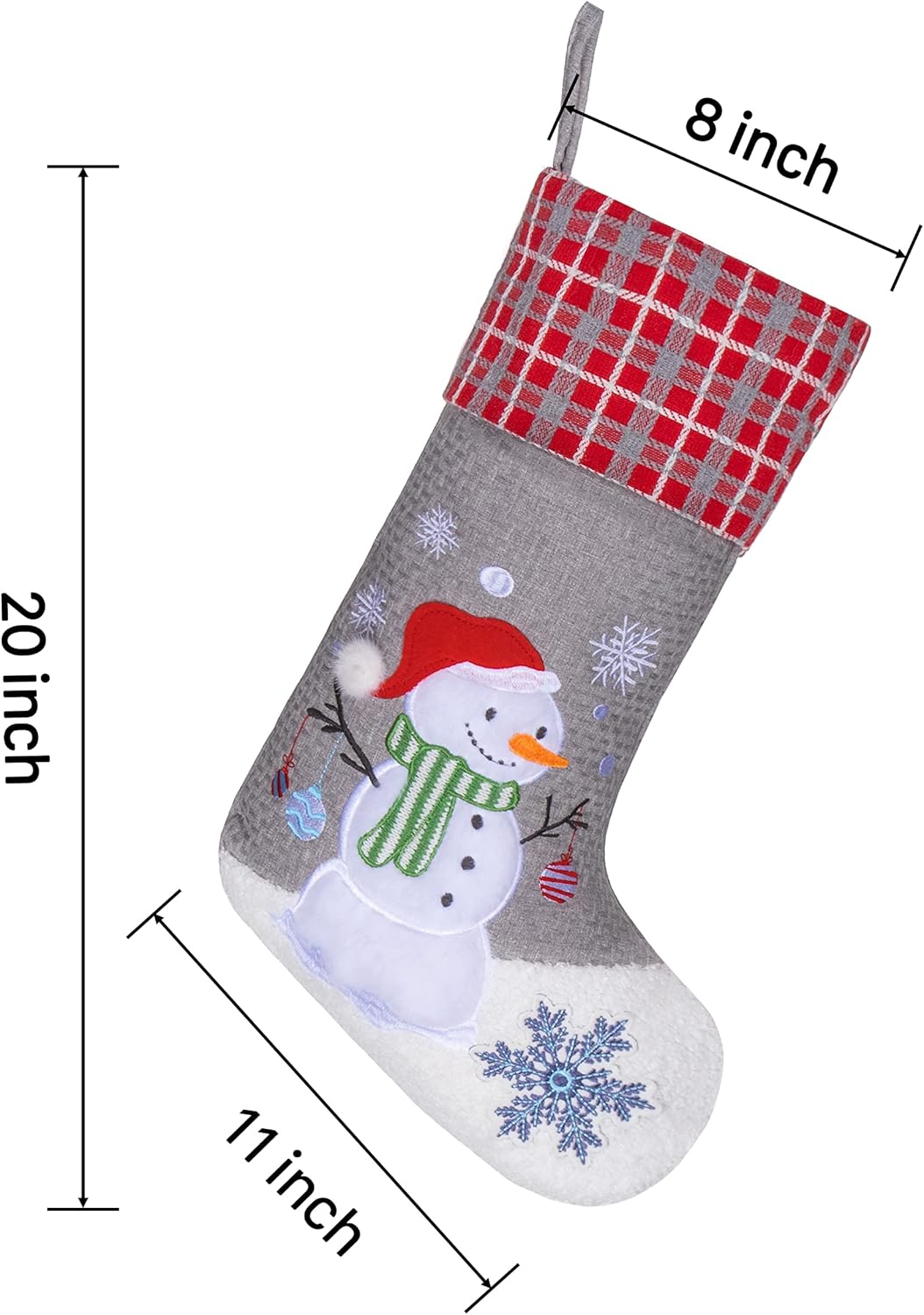 BHD BEAUTY Set of 6 Christmas Stockings Gray Burlap Buffalo Red Plaid Soft Faux Fur 20 Inches Lovely Embroidery Pattern for Family Decorations Hanging Ornament for Xmas Holiday Party